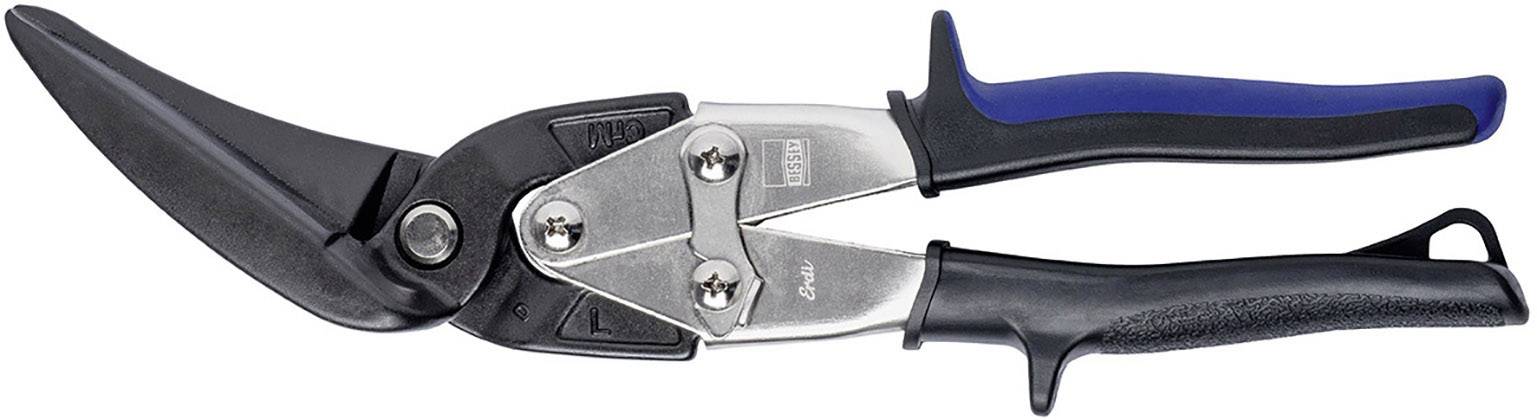 Eine Metall-Blechschere mit blau-schwarzen Griffen, geeignet zum Schneiden von Blechen oder dicken Materialien.