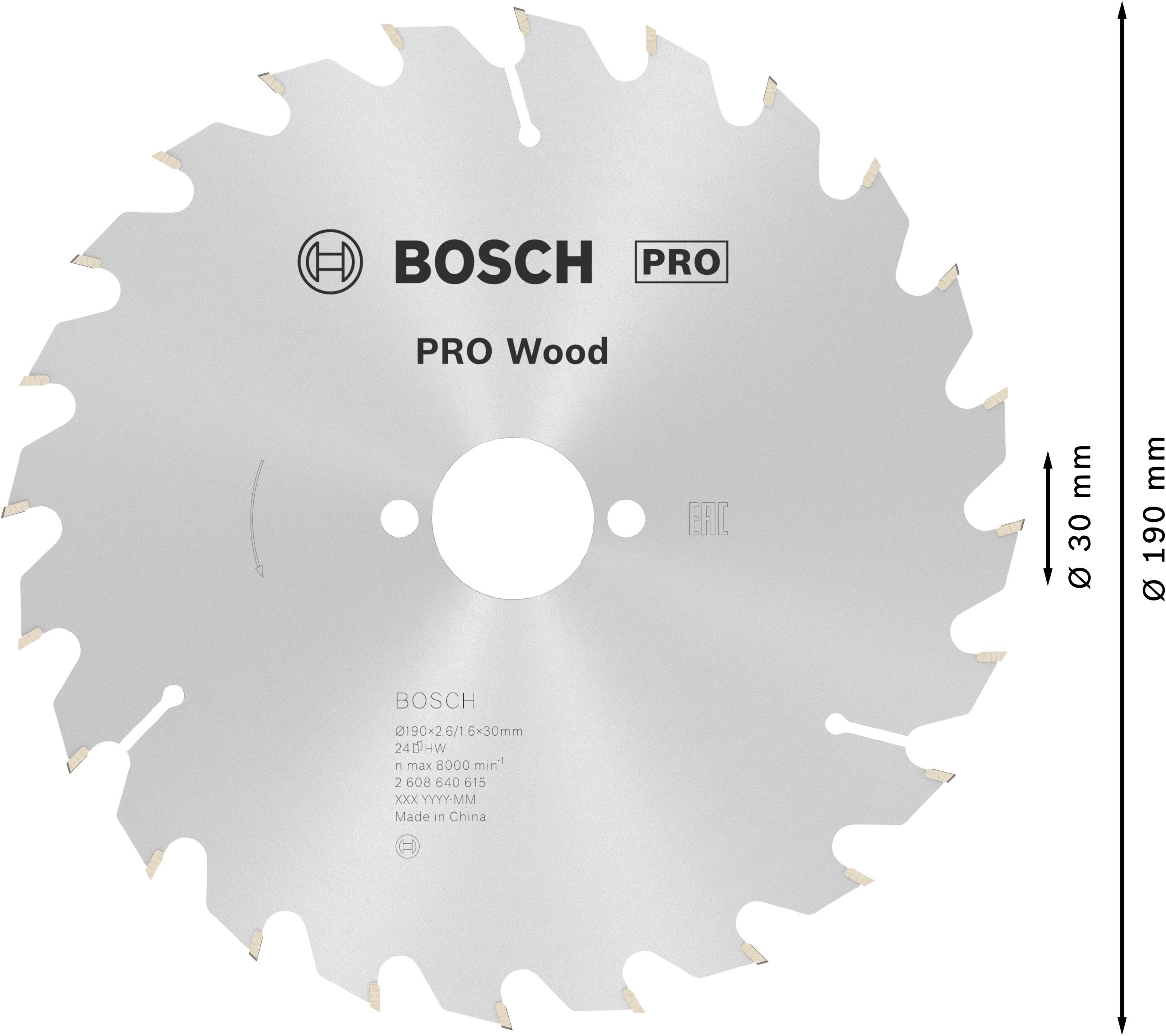 Kreissägeblatt mit der Aufschrift 'Bosch PRO Wood', Durchmesser 190 mm, 30 Zähne, 2,6 mm Schnittbreite und 30 mm Bohrung.