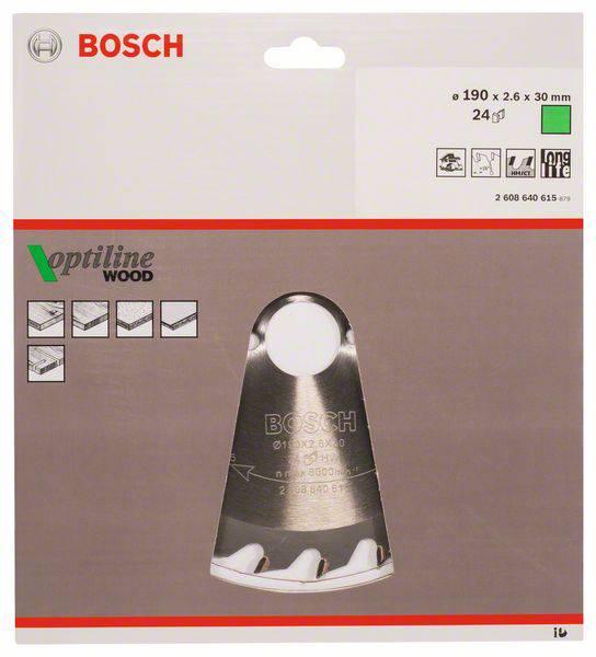 Verpackung einer Bosch Optiline Wood Sägeblatt. Zeigt ein bildliches Abbild des Sägeblatts und dessen Spezifikationen.