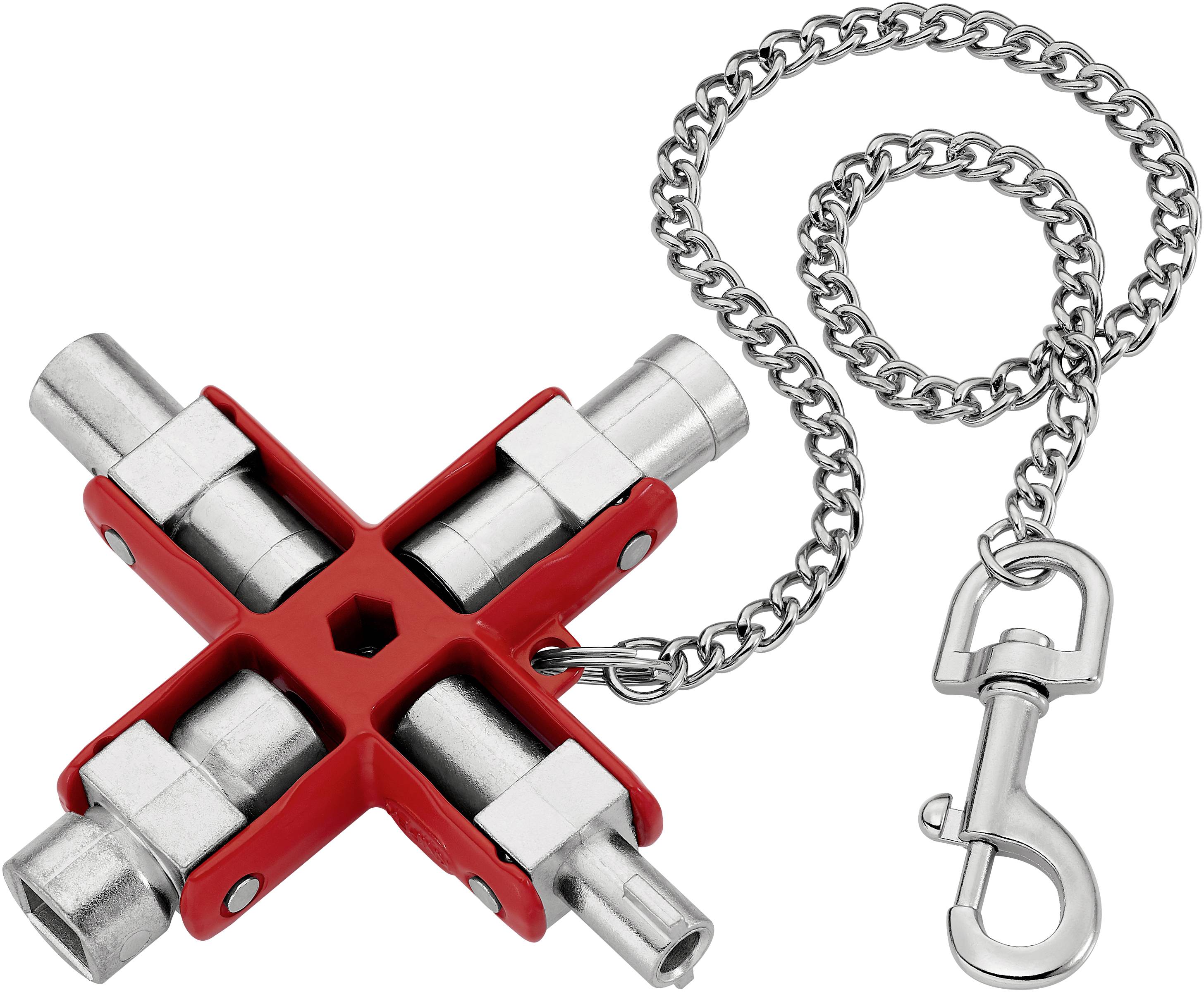 Ein rotes Kreuzschlüsselwerkzeug mit vier verschiedenen Einsätzen und einer silbernen Kette, die einen Karabinerhaken hält.
