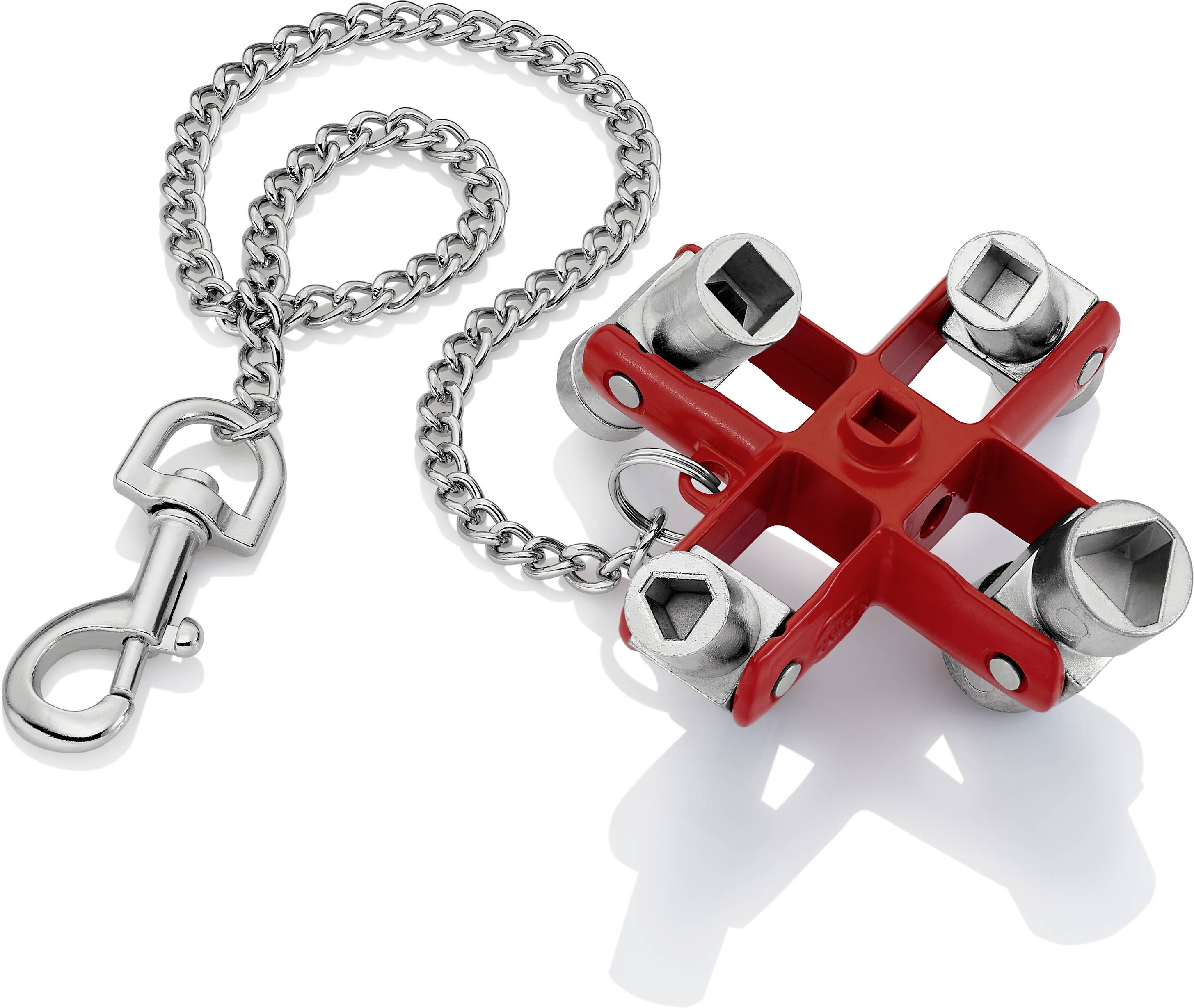 Metallschlüsselbund mit rotem Vierer-Schlüsselhalter und zwei Metallringen zeigt robustes, langlebiges Design für Werkzeugbedarf.