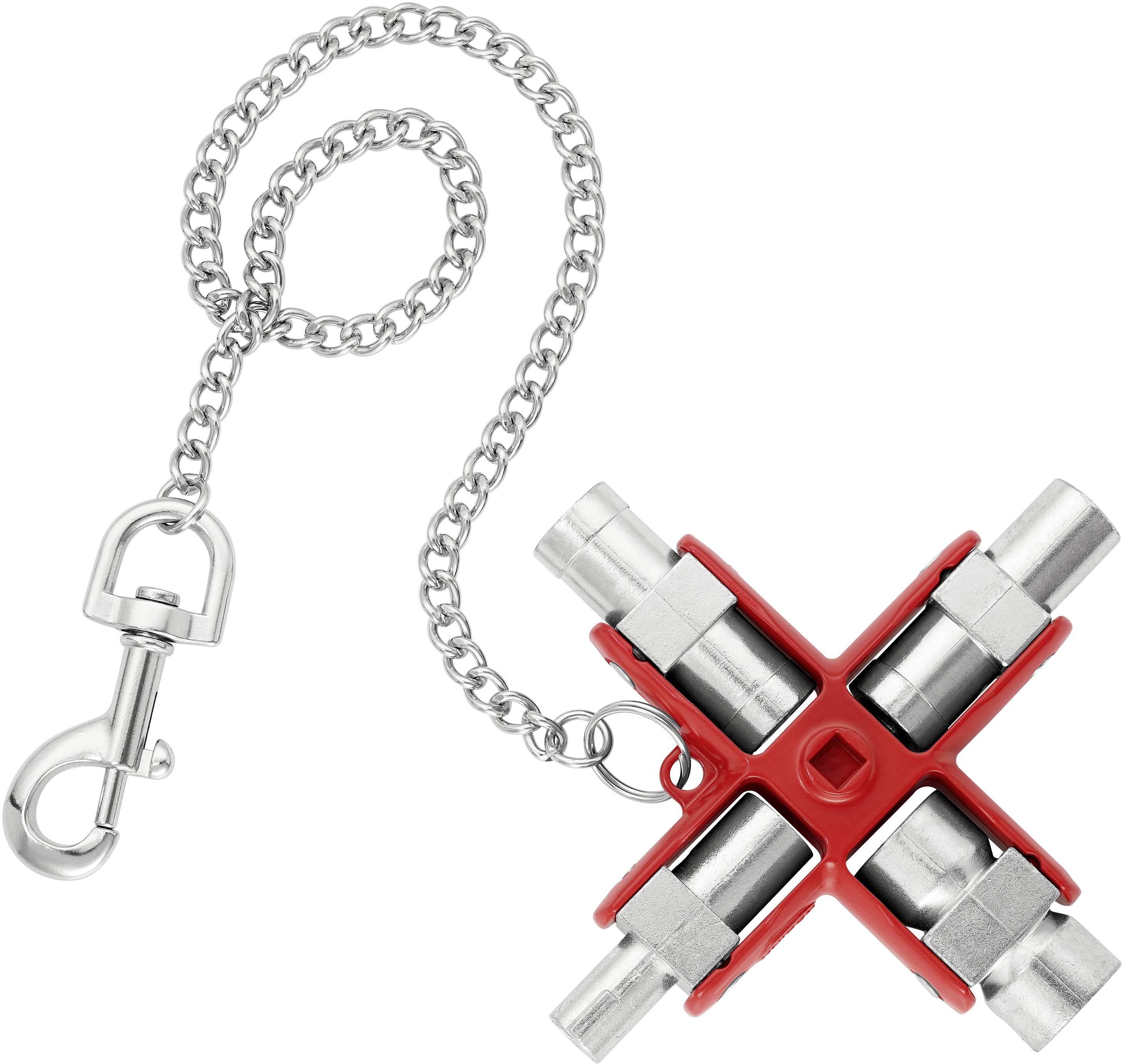 Ein roter Vierkantschlüssel mit vier verschiedenen Stecknüssen und einer Kette zur Befestigung, oft genutzt für technische Anwendungen.