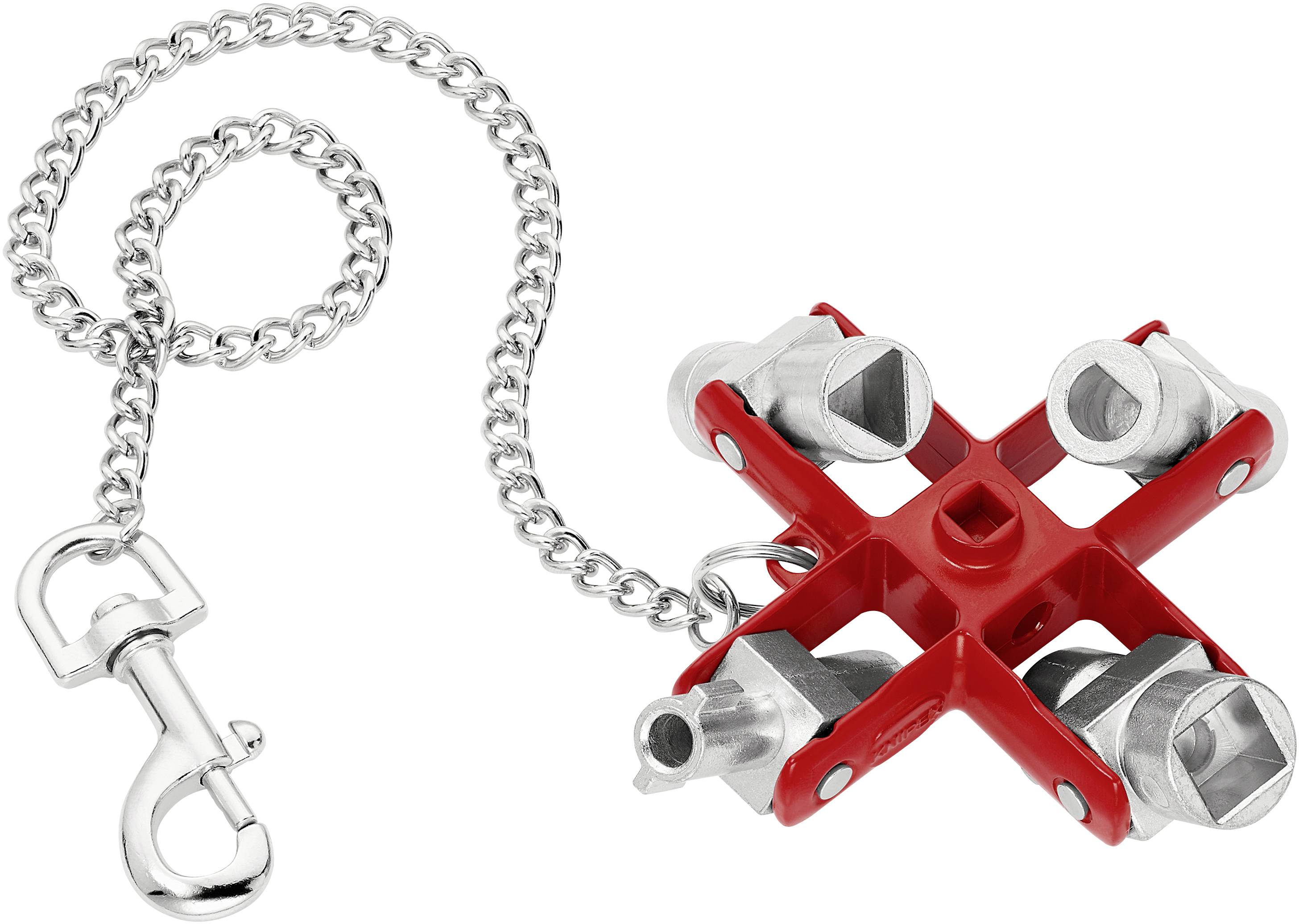 Metallschlüsselanhänger in roter X-Form mit vier Schraubaufsätzen und einer silbernen Kette mit Karabinerhaken.