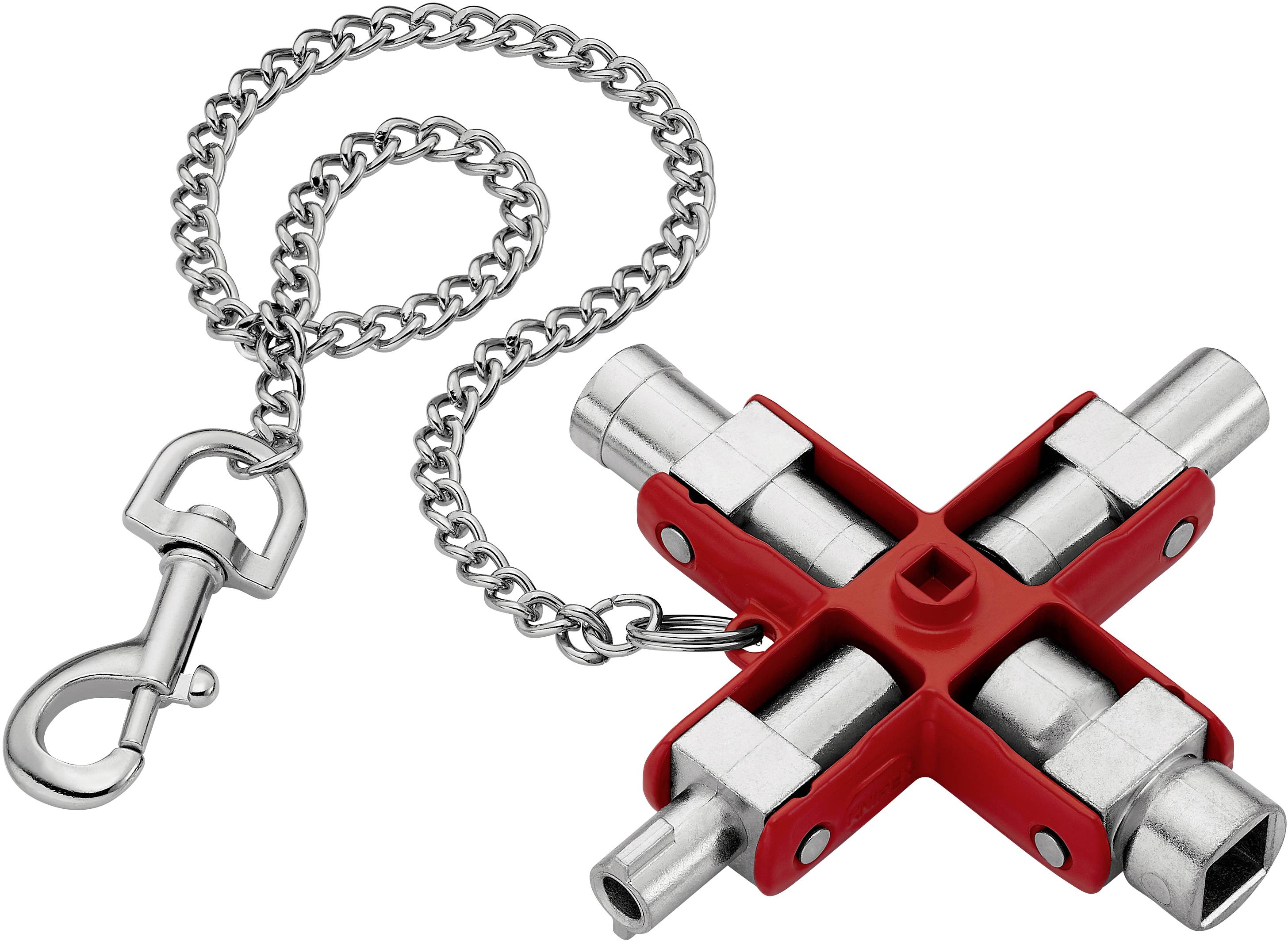 Ein Kreuzschlüssel mit vier verschiedenen Aufsätzen in einem roten Rahmen, befestigt an einer Metallkette mit einem Karabinerhaken.