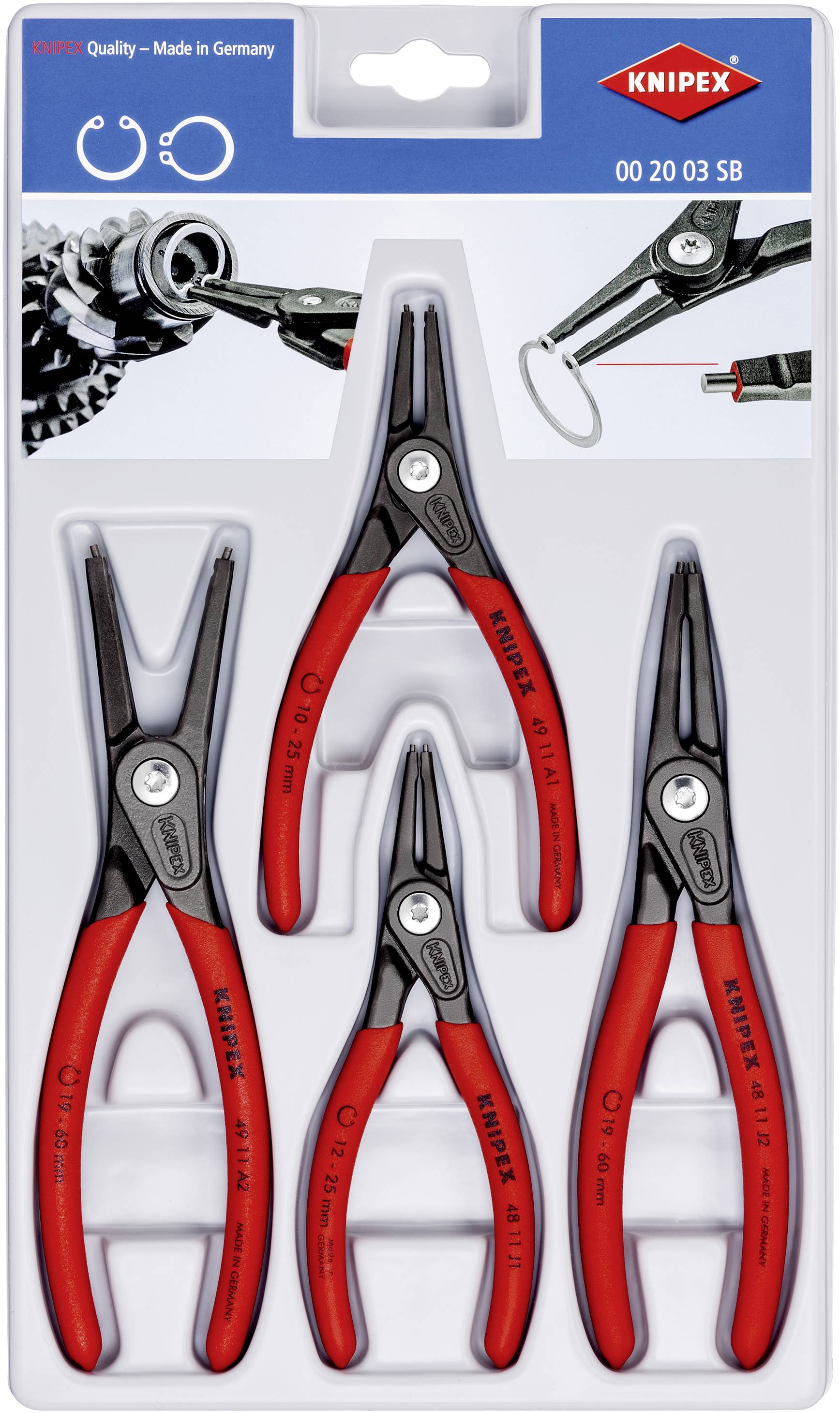 Knipex 00 20 03 SB Seegeringzangen-Set Passend für (Seegeringzangen) Außen- und Innenringe 12-25 mm, 19-60 mm 10-25 mm, 19-60 mm Spitzenform (Detail