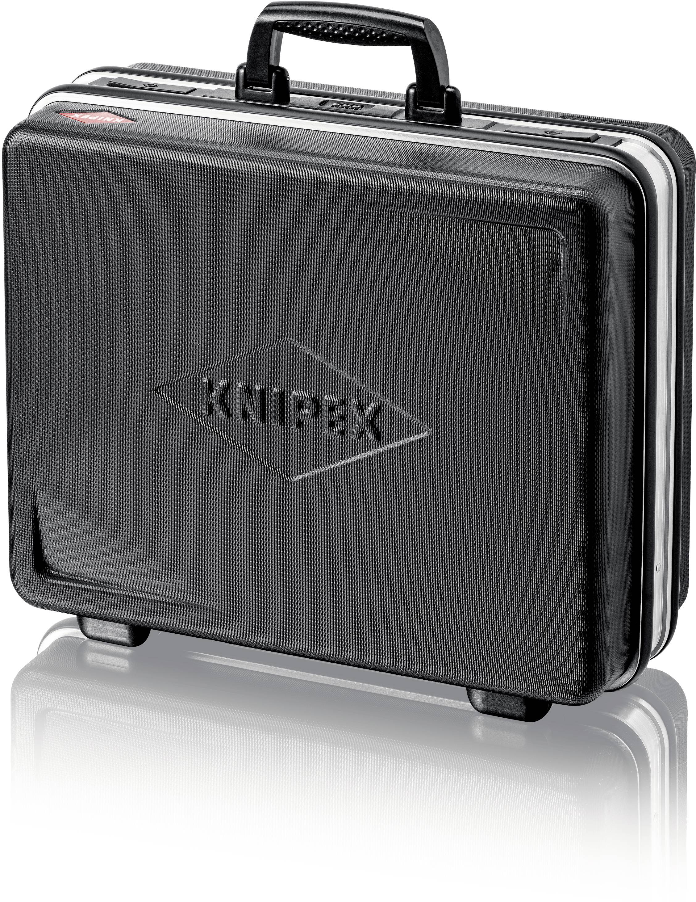 Schwarzer Koffer mit Griff. Auf der Vorderseite ist das Logo 'Knipex' eingeprägt. Der Koffer steht aufrecht vor einem weißen Hintergrund.