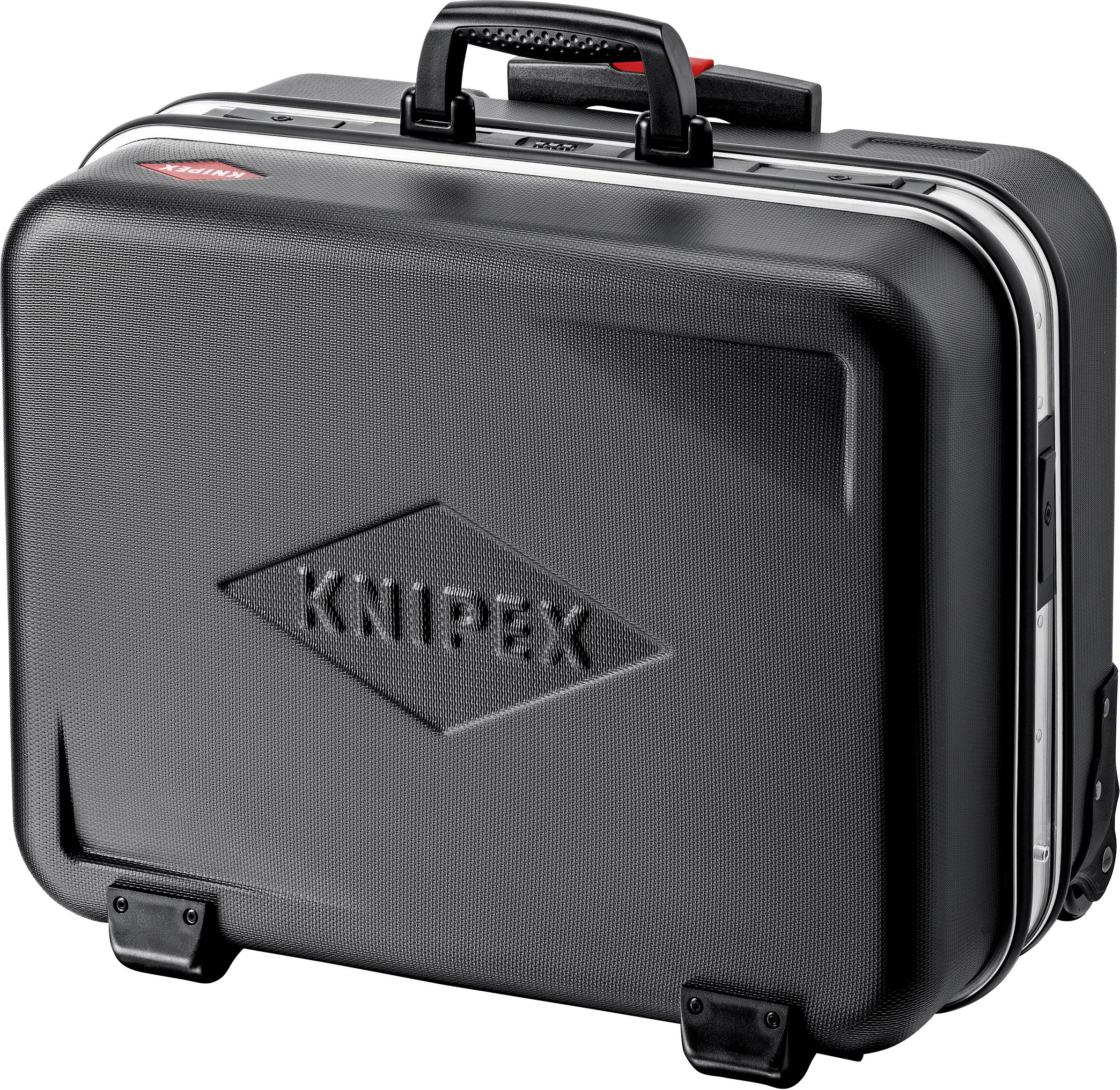 Ein schwarzer Werkzeugkoffer mit KNIPEX-Logo auf der Vorderseite. Der Koffer hat einen stabilen Griff und verstärkte Ecken.