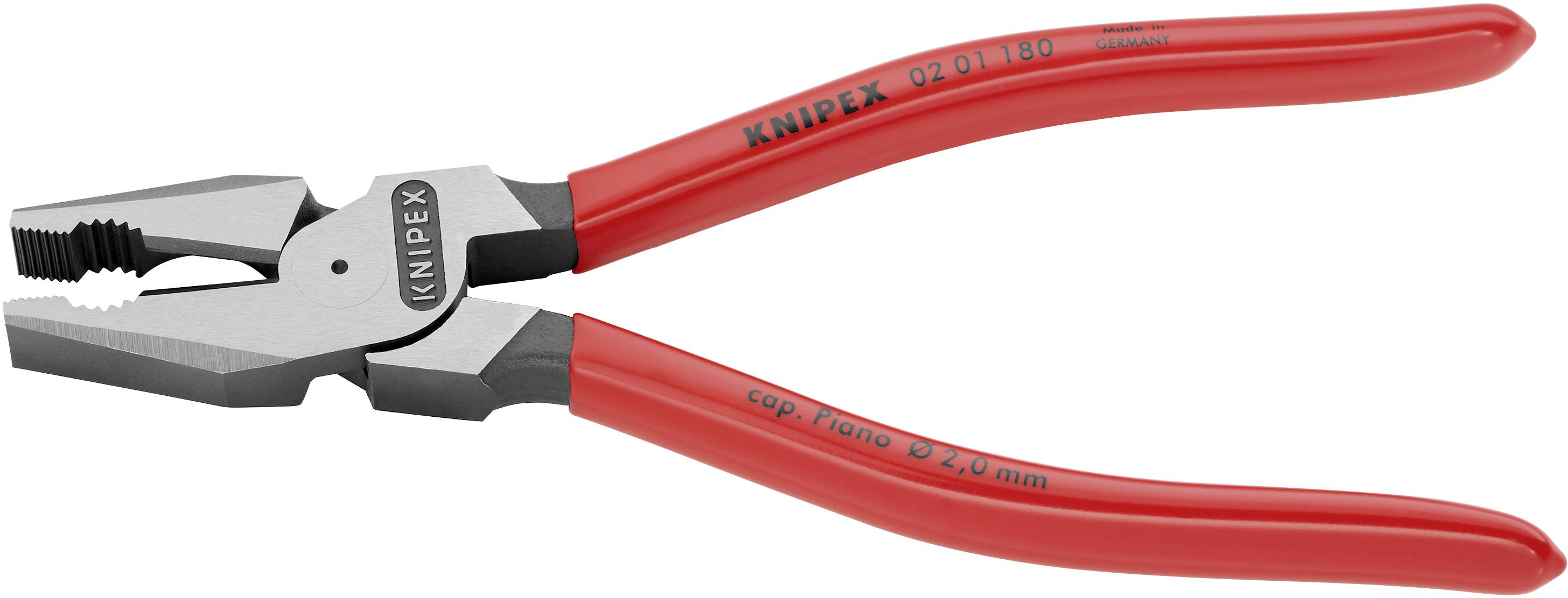 Eine rote Kombizange mit geschwungenen Griffen, auf denen 'KNIPEX' steht. Hauptwerkzeug mit gezahnten Backen zum Greifen und Schneiden.