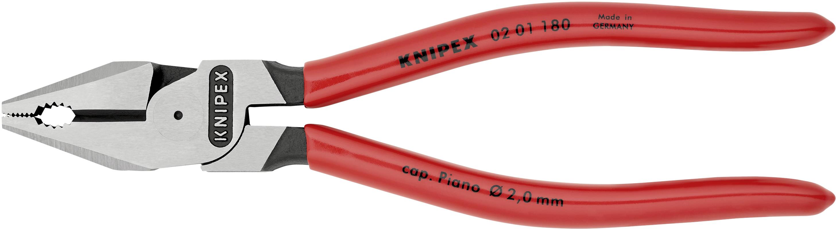 Rote Kneifzange mit schwarzem Griff und Markierung 'Knipex', geeignet zum Schneiden von Drähten bis 2,0 mm; seitlich graviert.