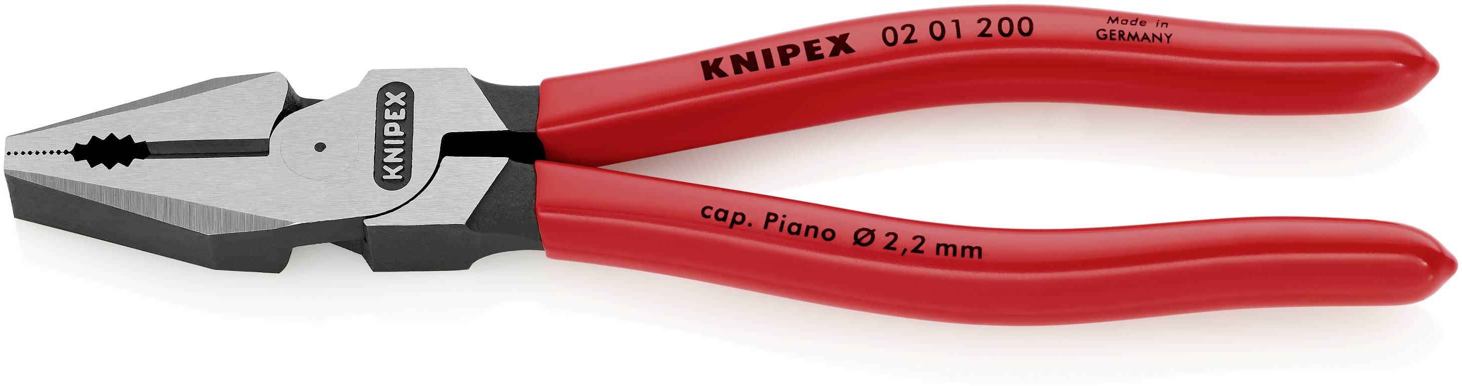 Eine rote Kombizange mit grauen Backen. Geeignet zum Greifen, Schneiden und Biegen von Draht. Hergestellt von Knipex.