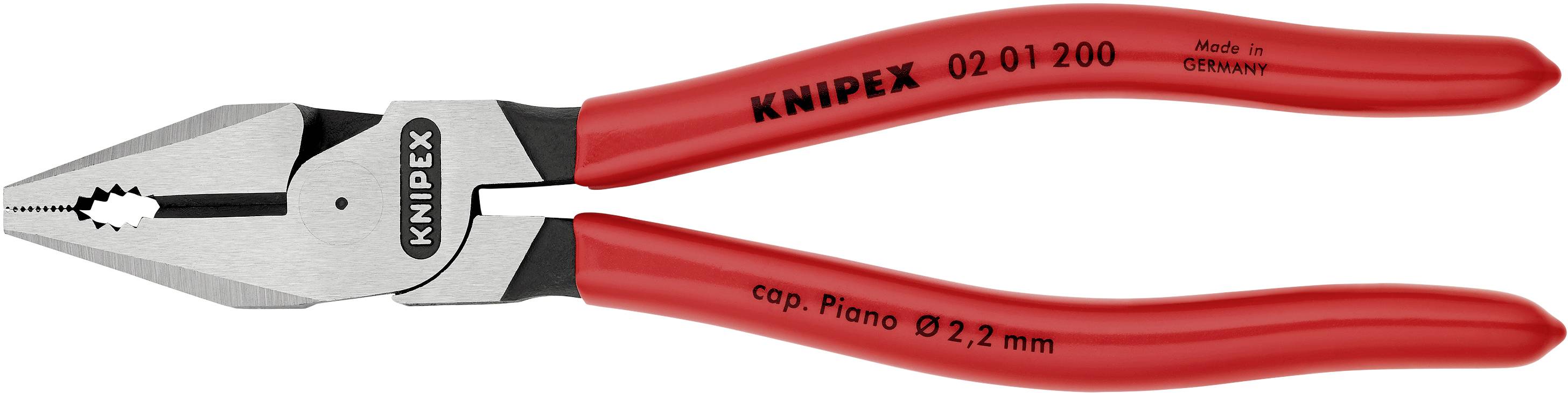 Eine rote Kombizange der Marke Knipex, geeignet für Klavierdraht bis 2,2 mm.