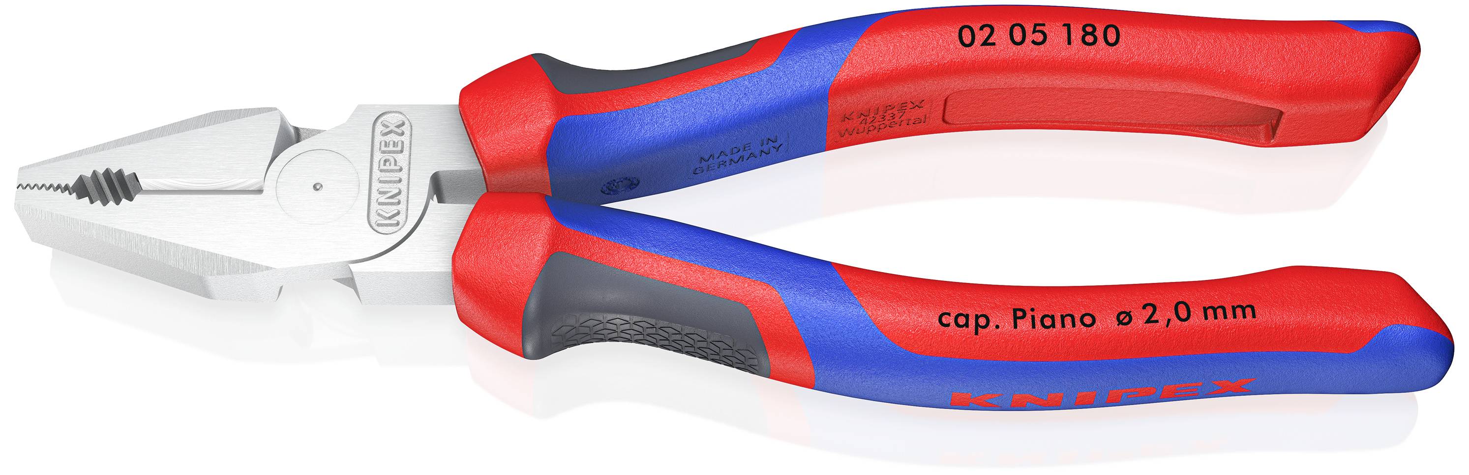 Abbildung einer roten und blauen Seitenschneiderzange der Marke Knipex, geeignet zum Schneiden von Drähten mit einem Durchmesser von 2,0 mm.