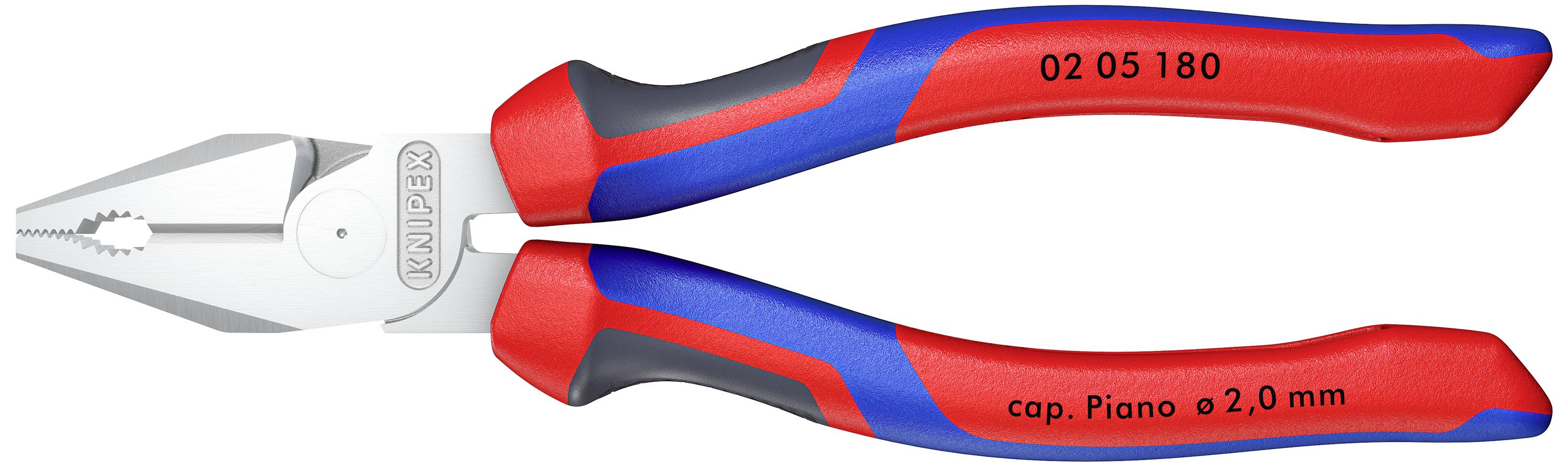 Eine rote und blaue Kombizange von Knipex. Modell- und Größenangaben sind auf den Griffen aufgedruckt.