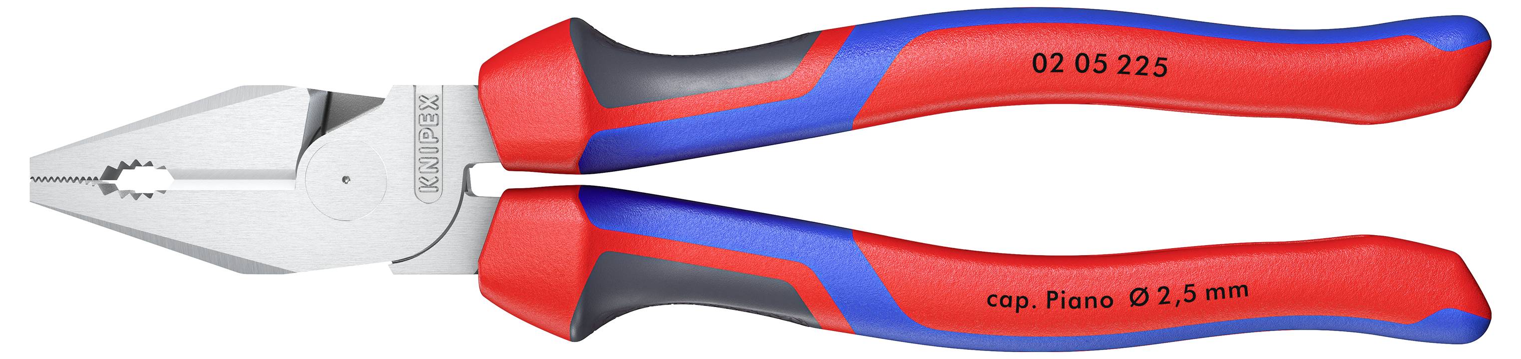 Rot und blau isolierte Zangen mit Metallkinnbacken, gekennzeichnet mit '02 05 225 cap. Piano Ø 2,5 mm', konzipiert zum Schneiden und Greifen.