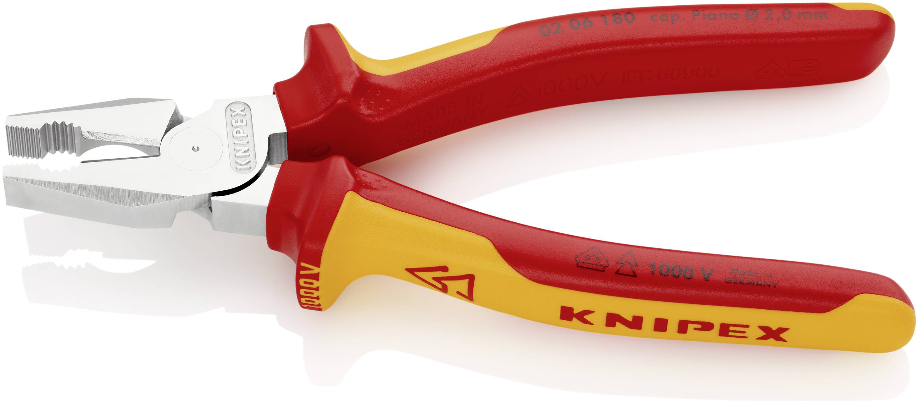 Eine rote und gelbe Kombizange von Knipex liegt auf einem weißen Hintergrund.