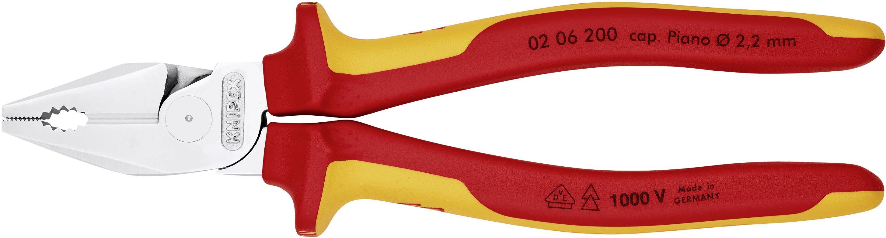 Isolierte Kombizange, rot-gelber Griff, Metallspitzen mit gezahnten Backen, geformt für sicheren Halt, geeignet für Arbeiten bis 1000V.