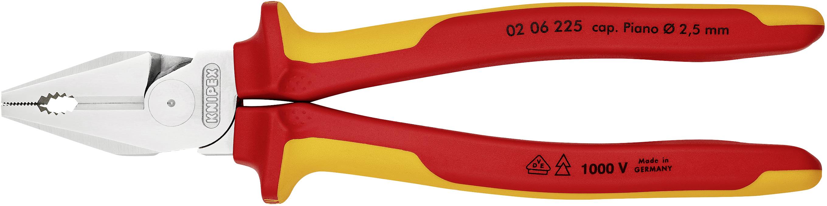 Ein roter und gelber Seitenschneider mit isolierten Griffen, geeignet für Arbeiten bis zu 1000 Volt Spannung.