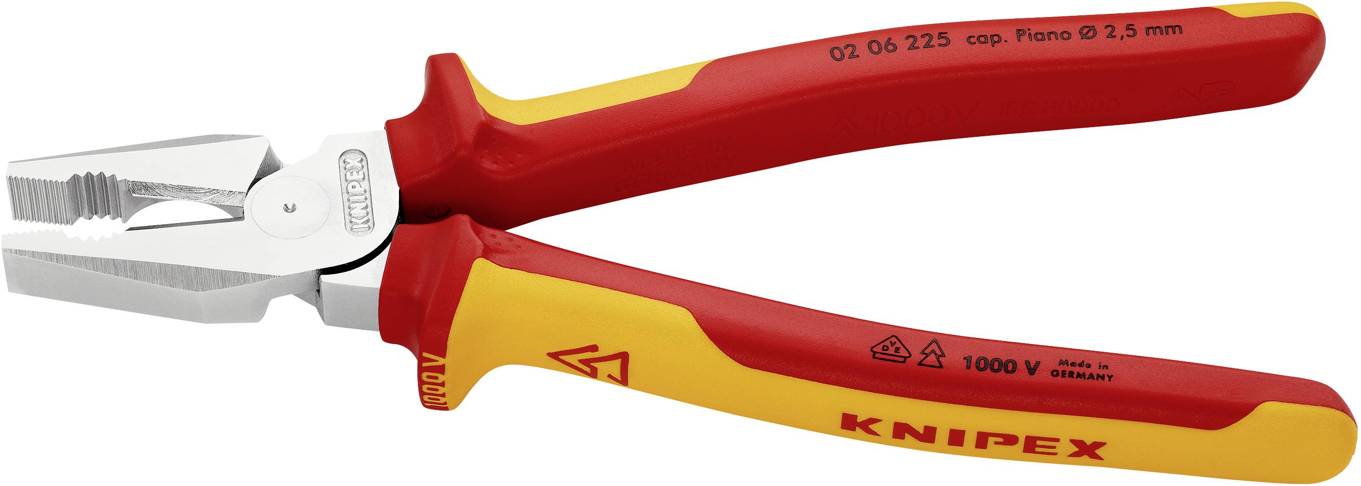 Eine rote und gelbe Zange der Marke Knipex, geeignet für Elektroarbeiten bis 1000 Volt, mit isoliertem Griff und gehärtetem Schneidkopf.