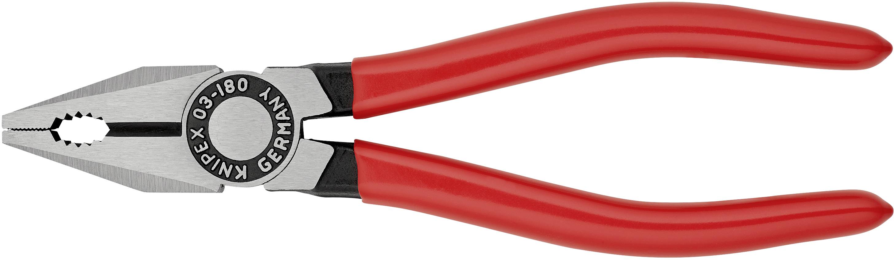 Eine Zange mit roten Griffen und metallischen Backen, geeignet zum Greifen und Schneiden von Drähten oder anderen Materialien.