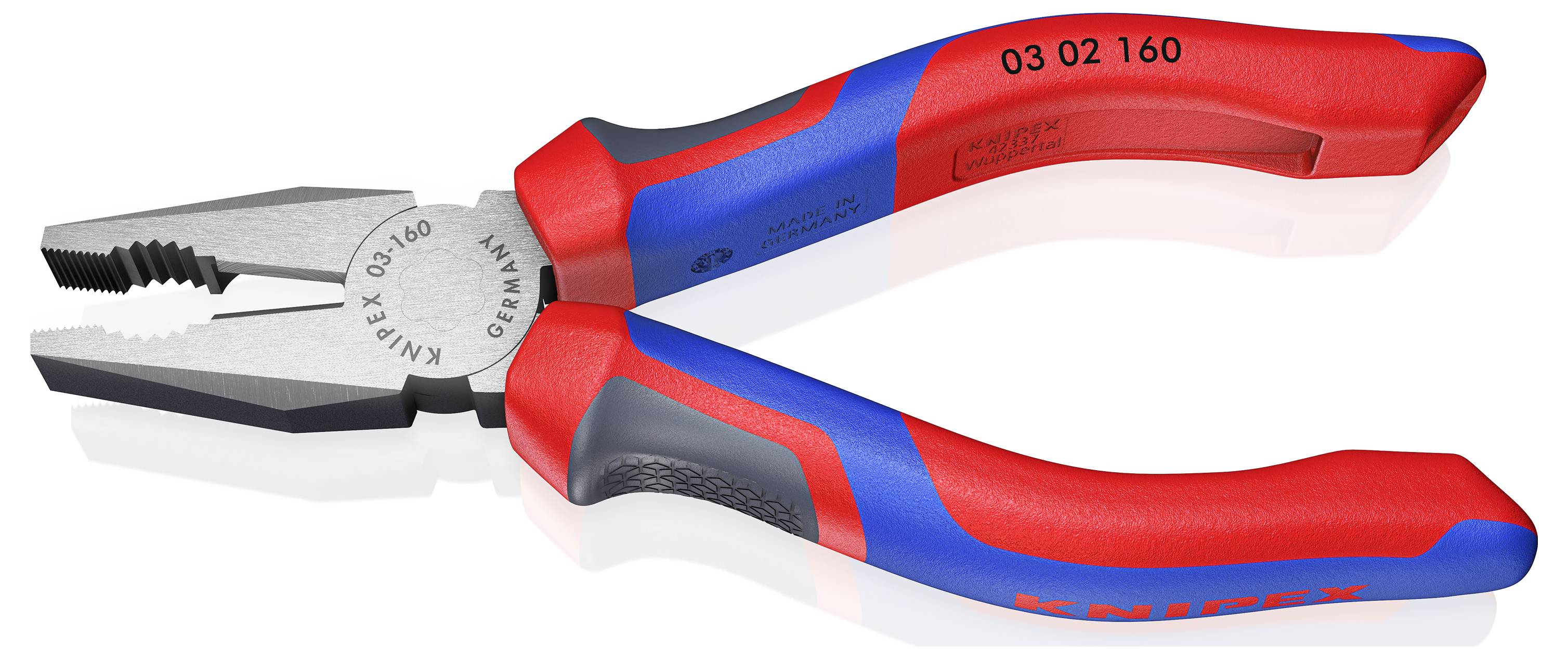Zange mit rotem und blauem Griff, Typ Knipex 03 02 160, liegt auf einer weißen Oberfläche, zeigt Details der gezahnten Greiffläche.