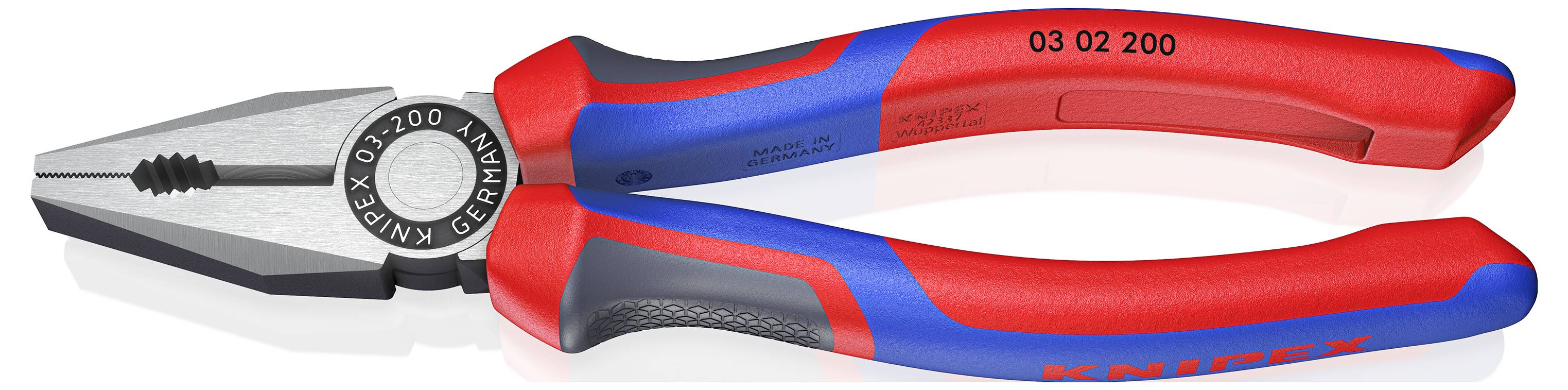 Kombinationszange mit rot-blauem Griff und Metallkopf, geeignet für vielseitige Schneid- und Greifanwendungen.