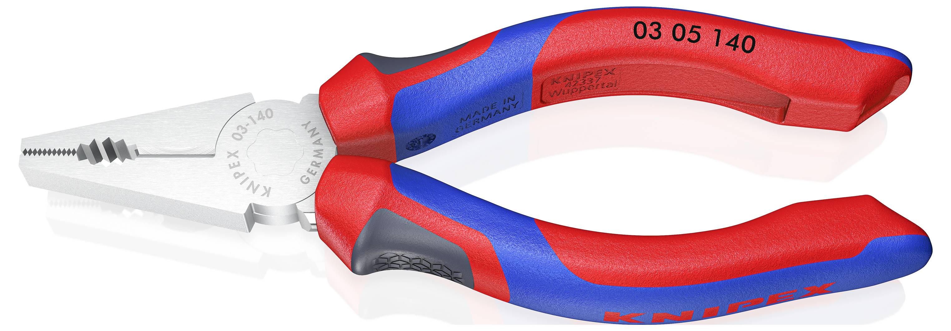 Rote und blaue Kombizange von KNIPEX mit geriffeltem Greifkopf und Hebelschneider, seitlich auf weißem Hintergrund liegend.