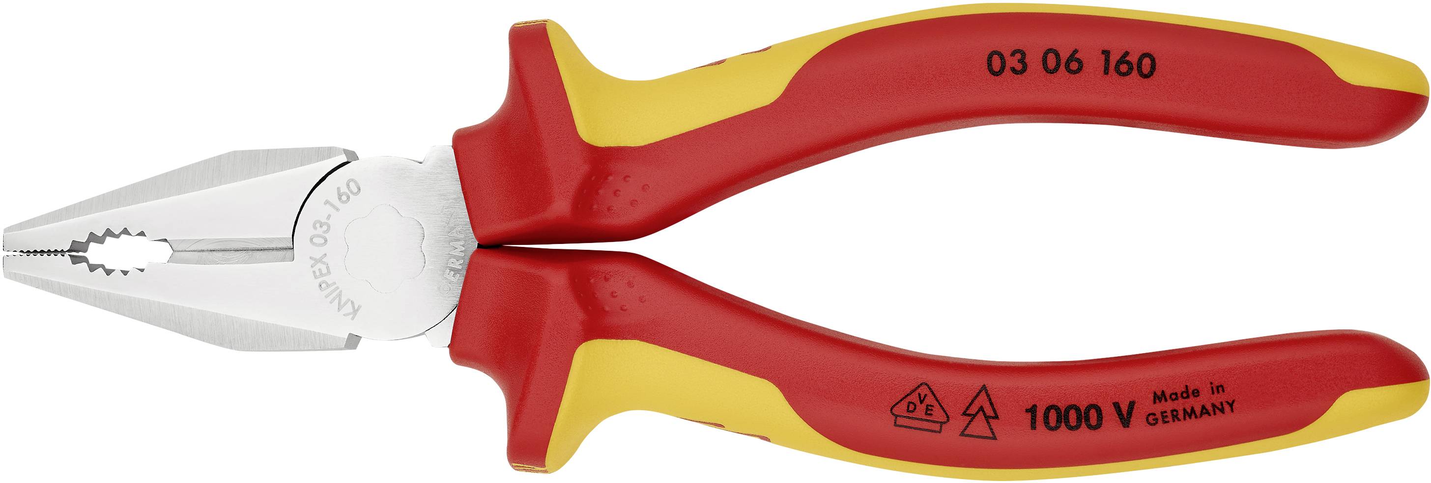 Eine rote und gelbe Isolierzange mit der Aufschrift '1000 V Made in Germany', geeignet für Elektroarbeiten.