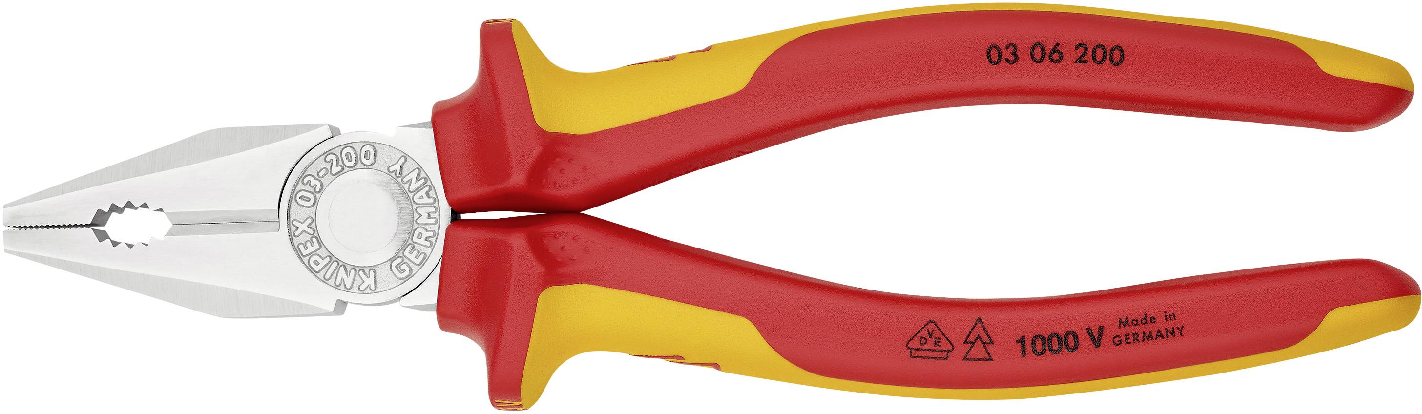 Zange mit rot-gelben Griffen und Metallspitze, zertifiziert für 1000V, mit der Aufschrift 'Made in Germany'.