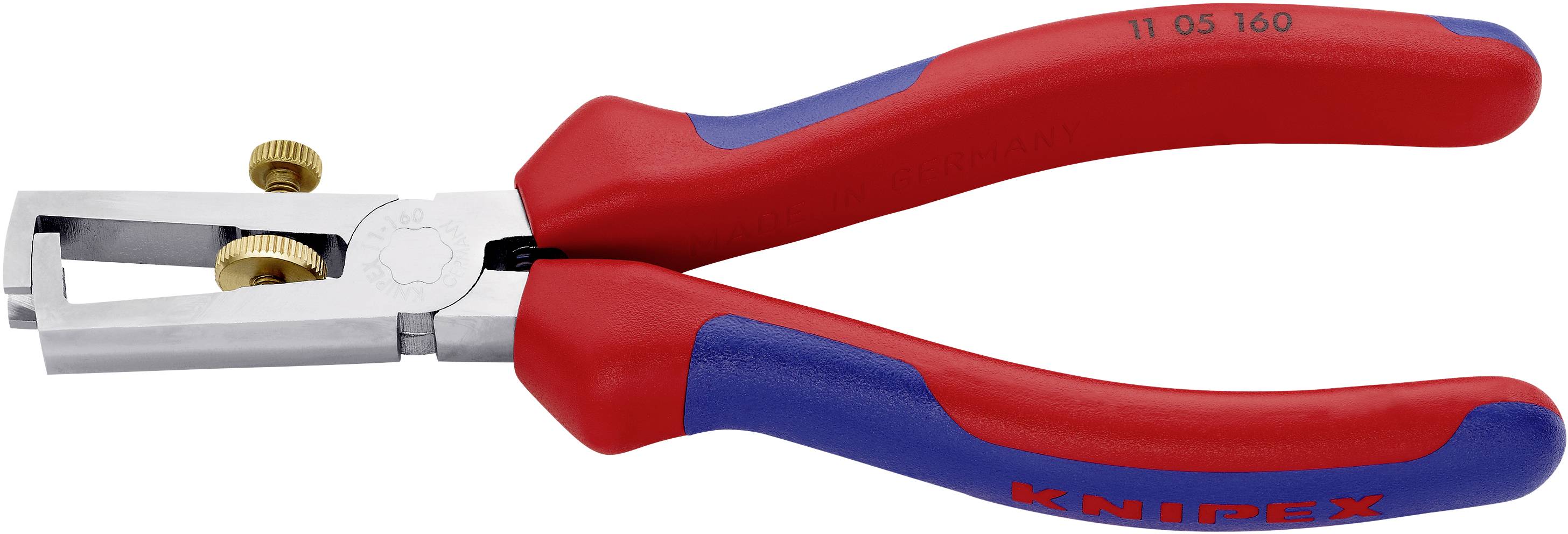 Rote und blaue Abisolierzange mit Stellschrauben aus Metall, verwendet zum Entfernen von Isoliermaterial von elektrischen Drähten.