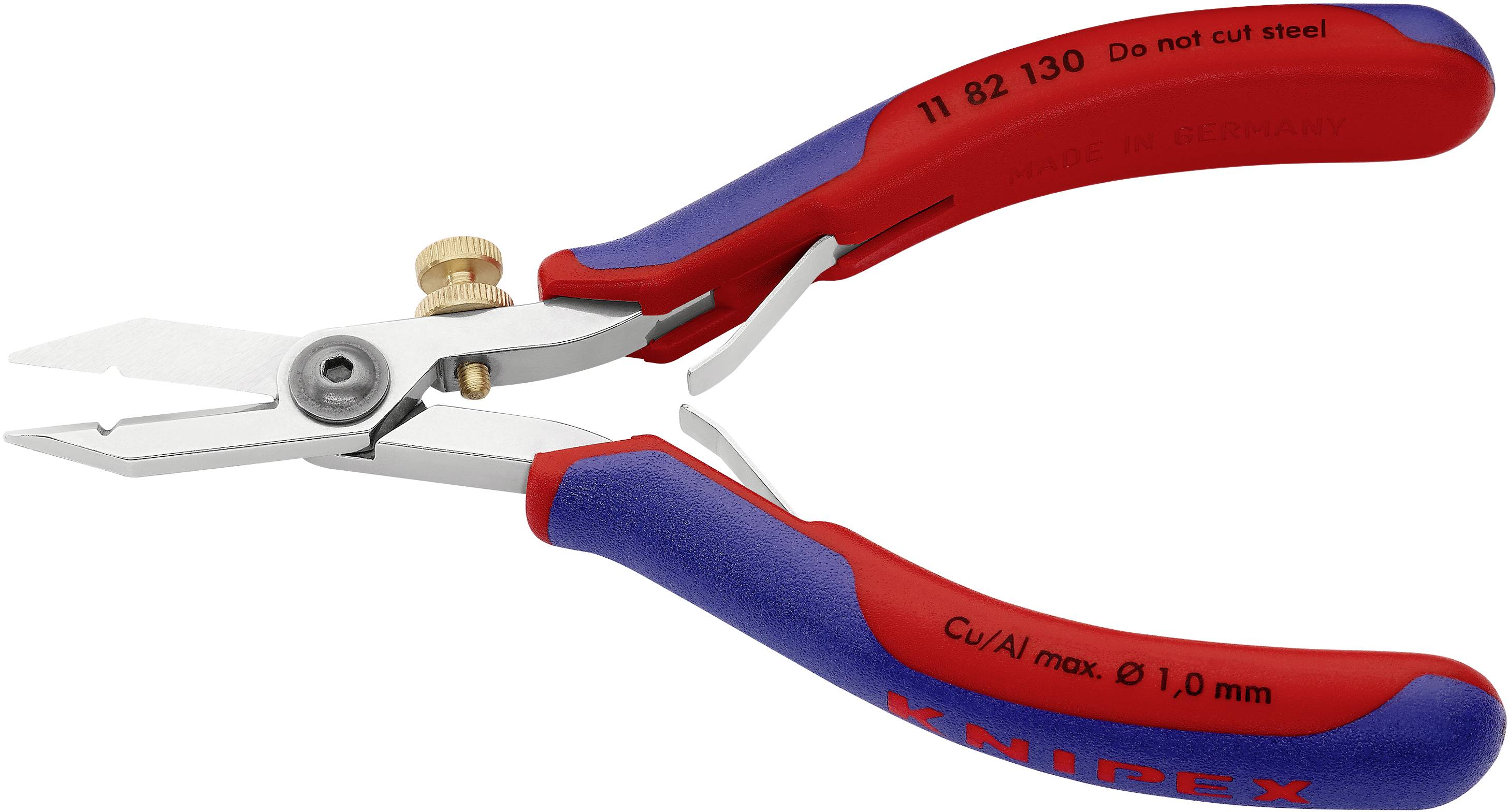 Eine rote und blaue Knipex-Schneidzange mit goldener Stellschraube für dünne Drähte, Aufschrift 'Do not cut steel'.