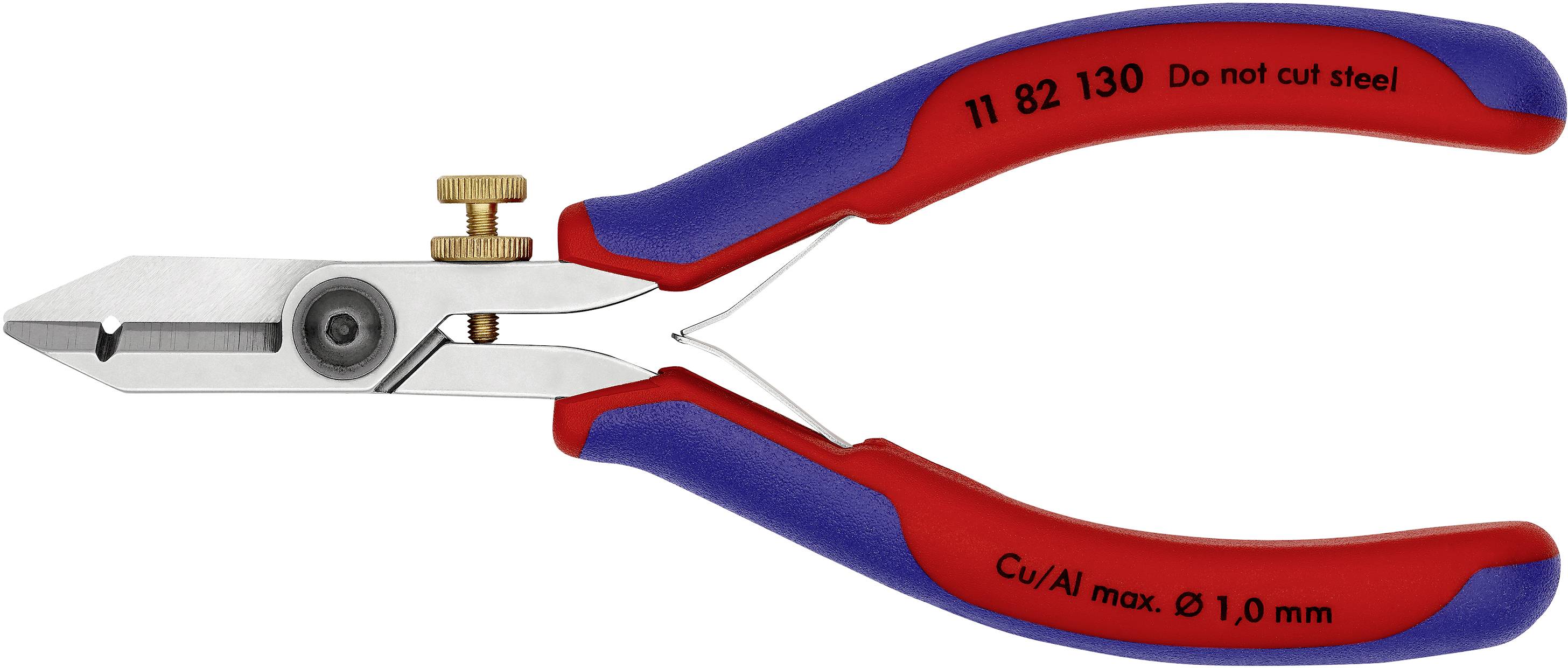 Zange mit rotem und blauem Griff, runder Schraubvorrichtung und Aufschrift 'Do not cut steel'. Geeignet für Cu/Al, max. 1,0 mm.