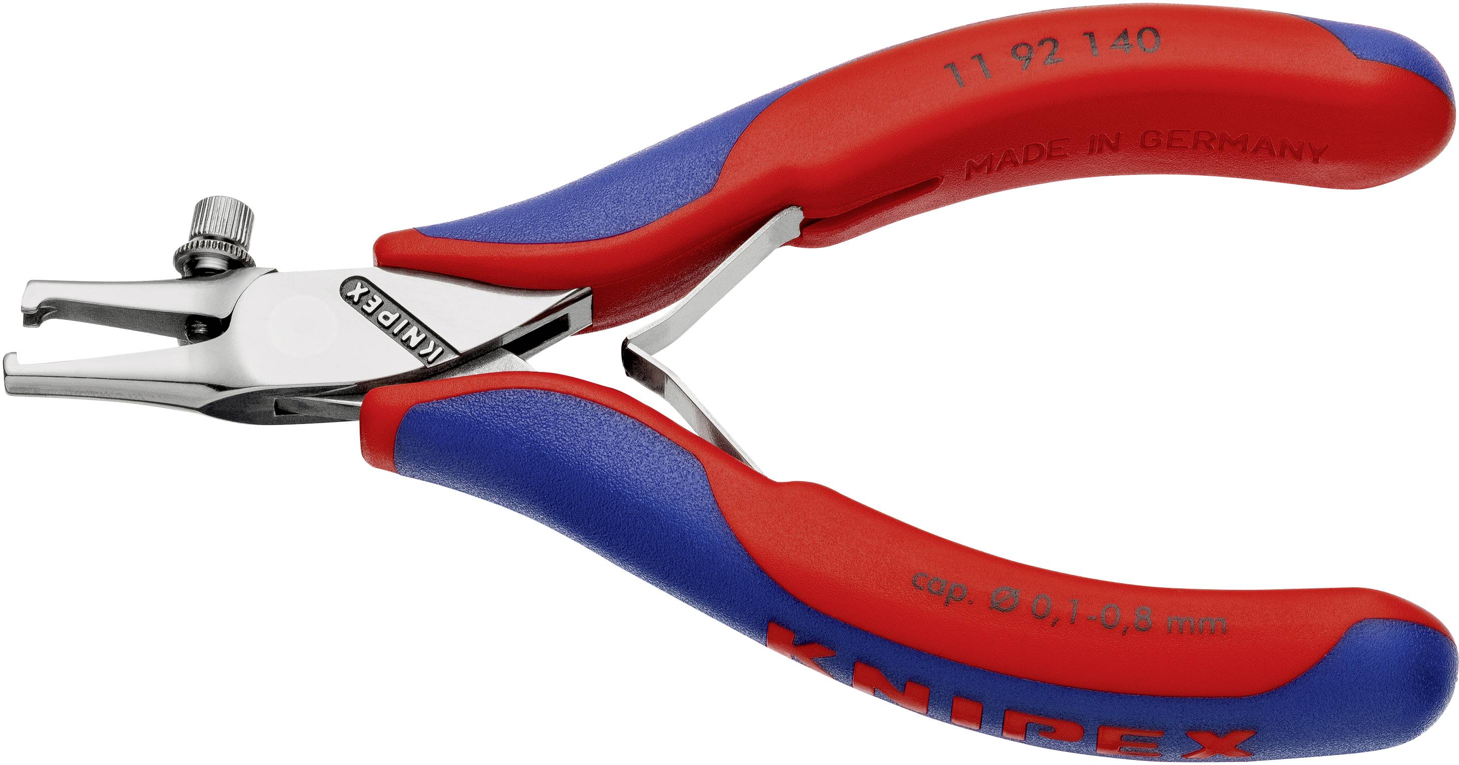Abisolierzange mit rotem und blauem Griff. Aufschrift 'Knipex' an der Seite. Geeignet zum Abisolieren von Kabeln. Made in Germany.