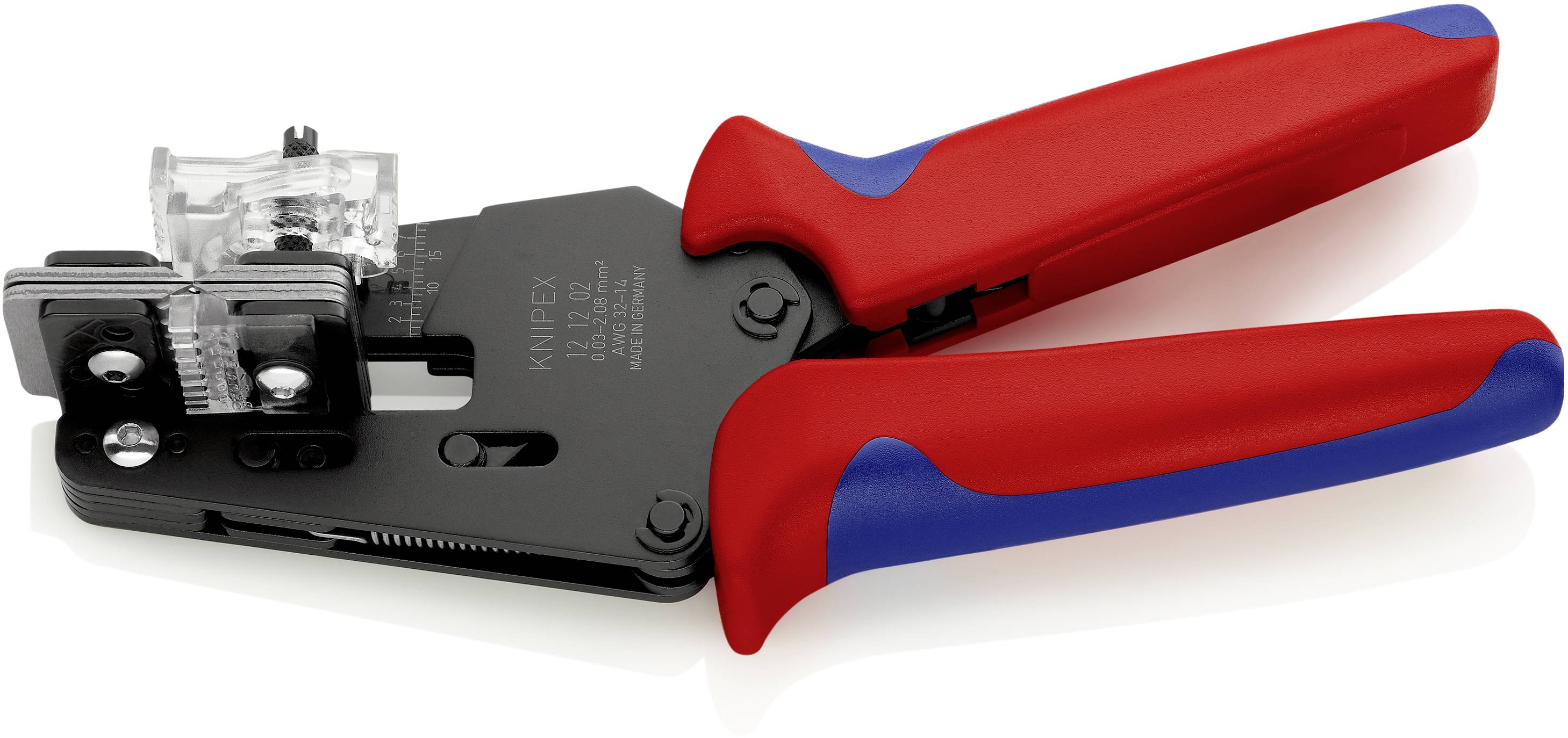 Crimpzange mit rot-blauen Griffen zur Verbindung von Kabeln und Steckern.