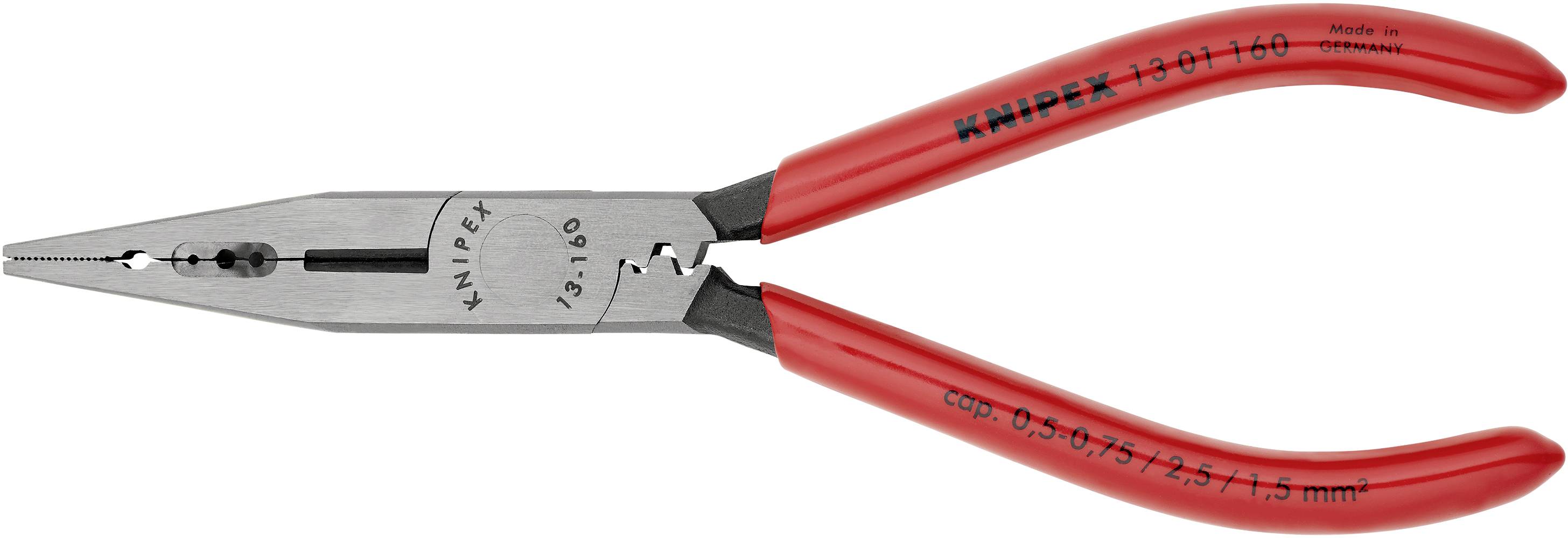 Silberne Spitzzange mit roten Griffen, Made in Germany, mit Aufschrift 'KNIPEX 13 01 160' auf der Zange.