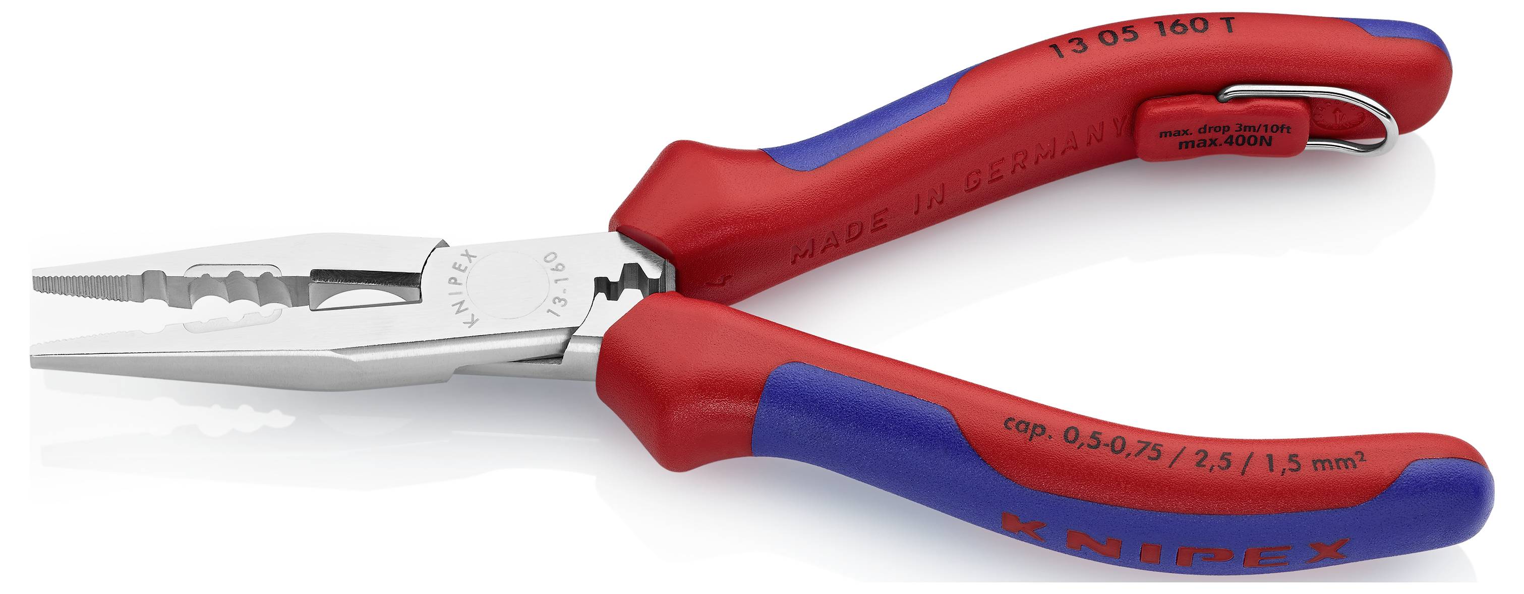 Eine rot-blaue Multifunktionszange mit isolierten Griffen, geeignet für Schneiden und Greifen, zeigt die Inschrift 'Knipex'.