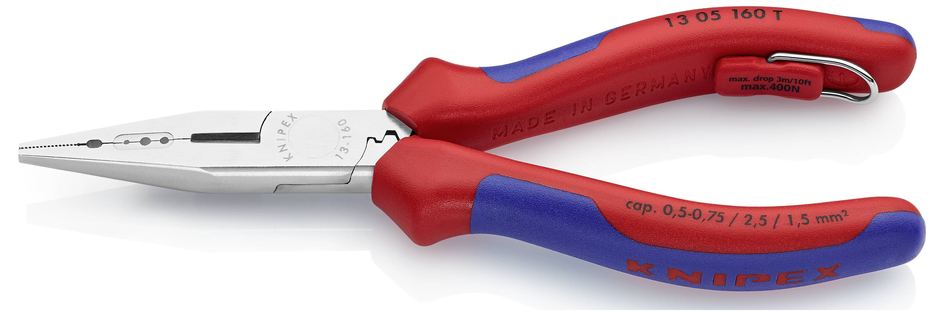 Eine rote und blaue Kombizange der Marke Knipex, mit isolierten Griffen und Stahlbacken, geeignet für elektrisches Arbeiten.