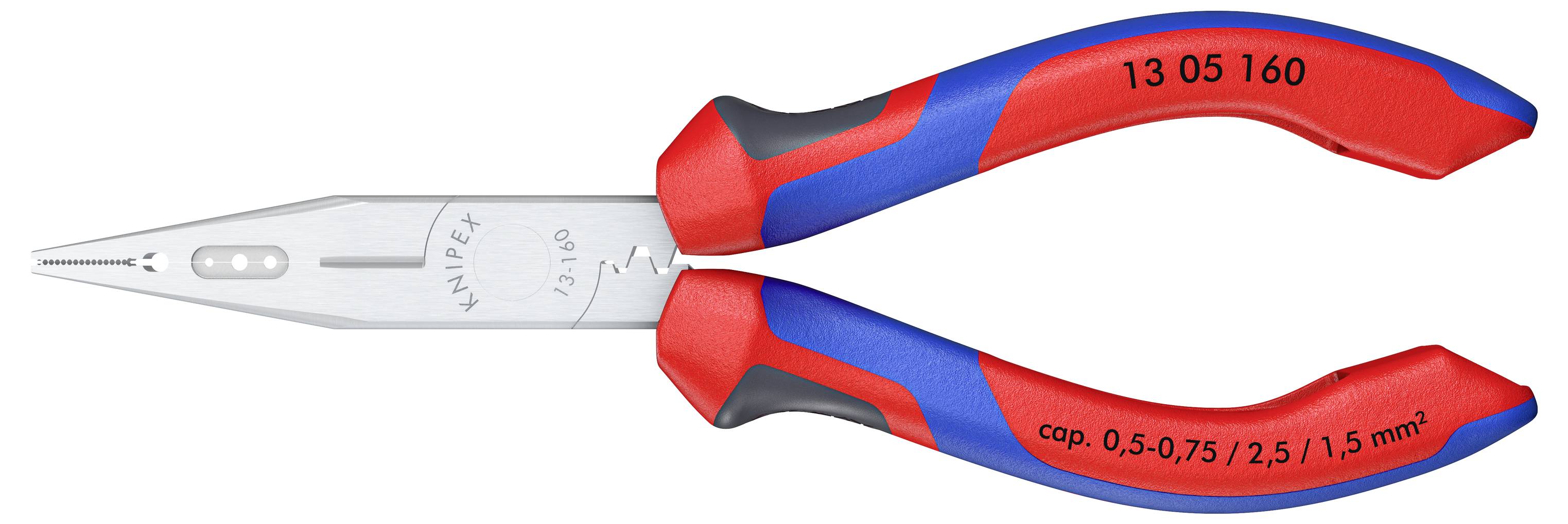 Eine rote und blaue Spitzzange von Knipex mit der Aufschrift '13 05 160'. Geeignet für Drahtstärken von 0,5 bis 2,5 mm².