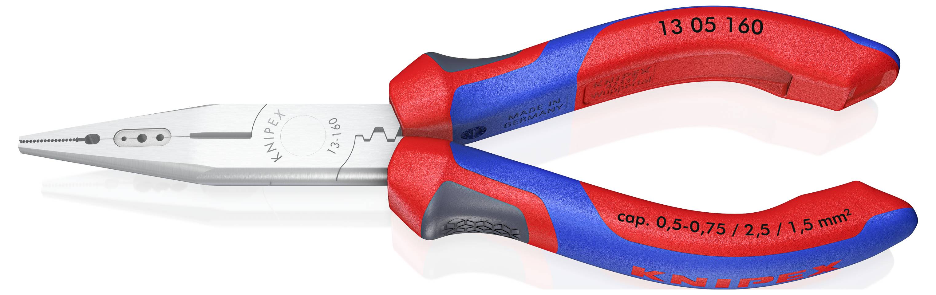 Eine rot-blaue Zange der Marke Knipex, Modellnummer 13 05 160. Eignet sich für Kabelkapazität von 0,5 bis 1,5 mm².