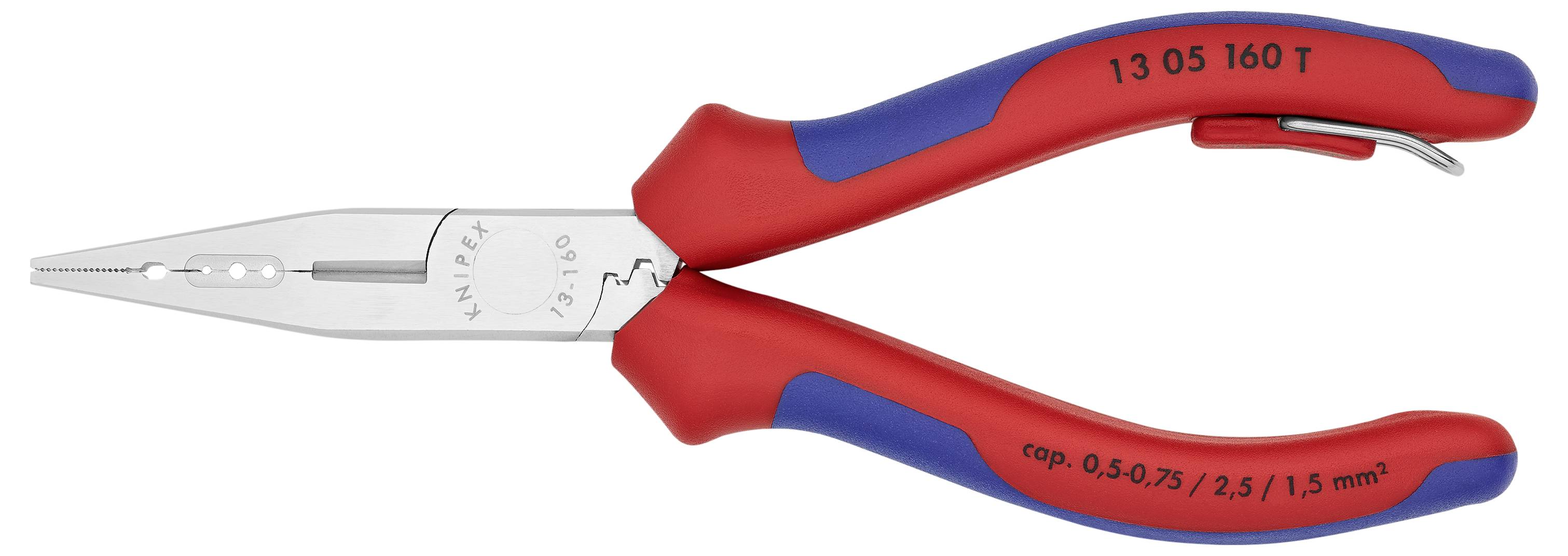 Roter und blauer Seitenschneider, ergonomischer Griff. Werkzeug für Greif- und Schneidarbeiten, elektrischer Schutz, Markenname sichtbar.