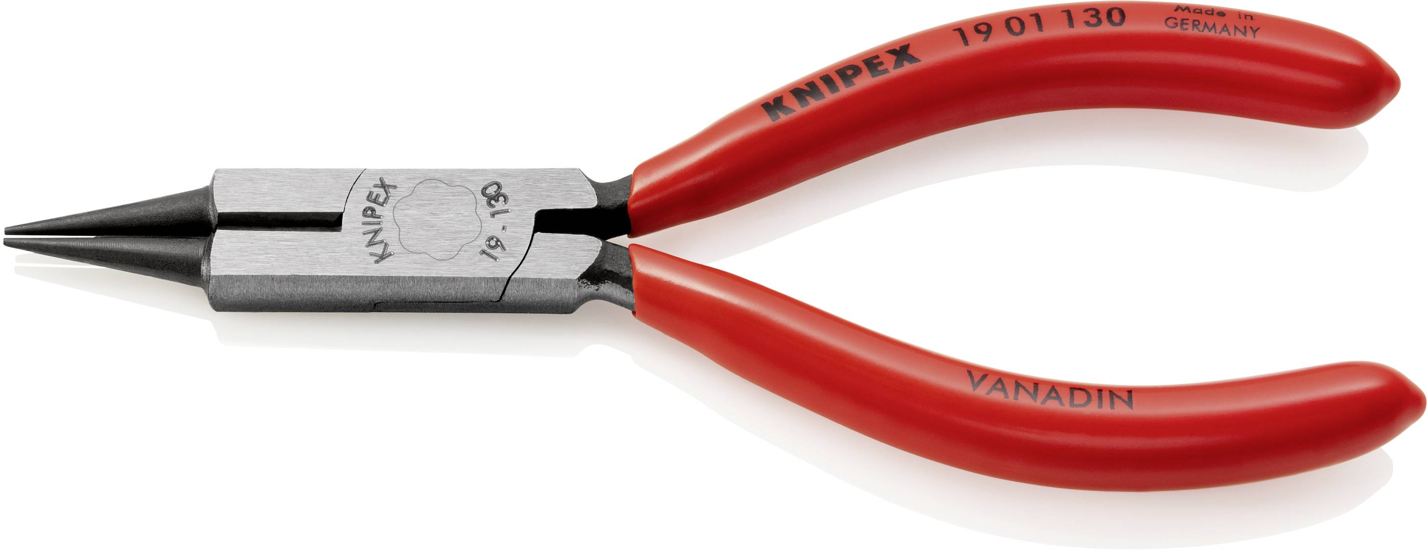 Rote Knipex-Rundzange, Modell 19 01 130, aus Vanadin, Made in Germany. Geeignet für präzises Greifen und Verdrehen.
