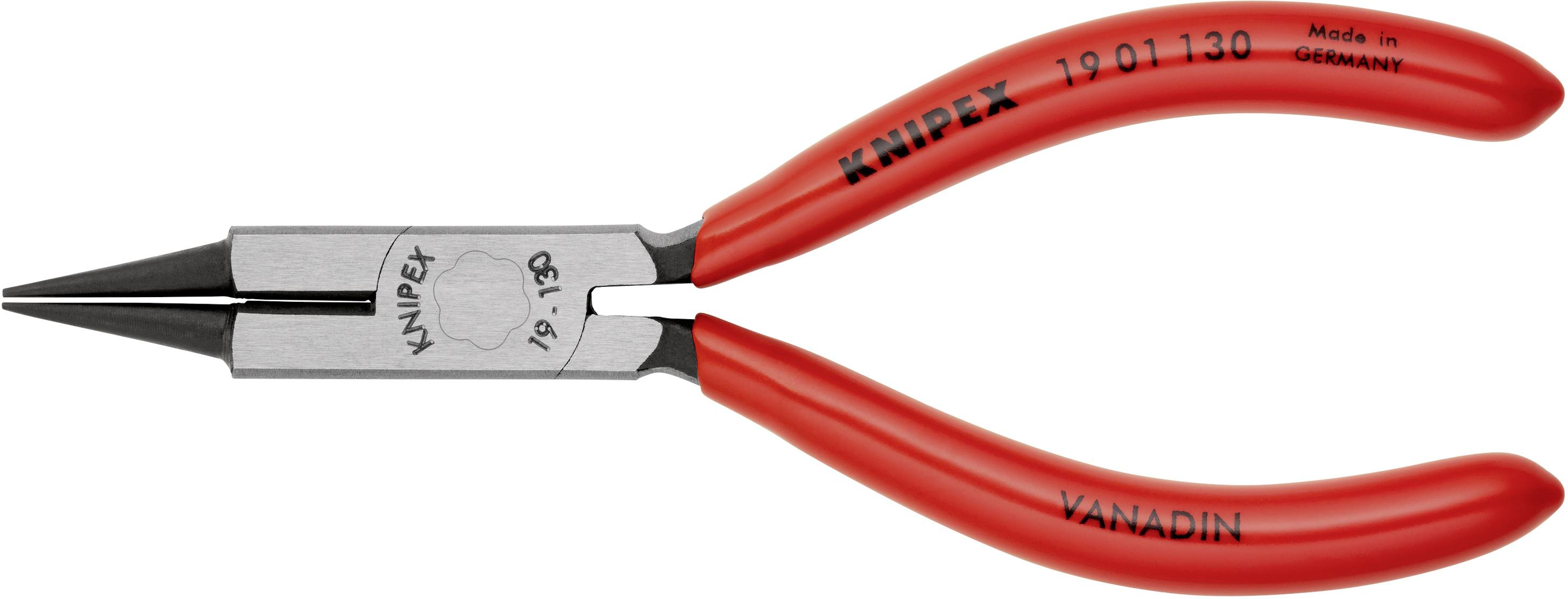 Rote Rundzange mit schwarzen Spitzen und der Aufschrift 'KNIPEX' und 'VANADIN', hergestellt in Deutschland.