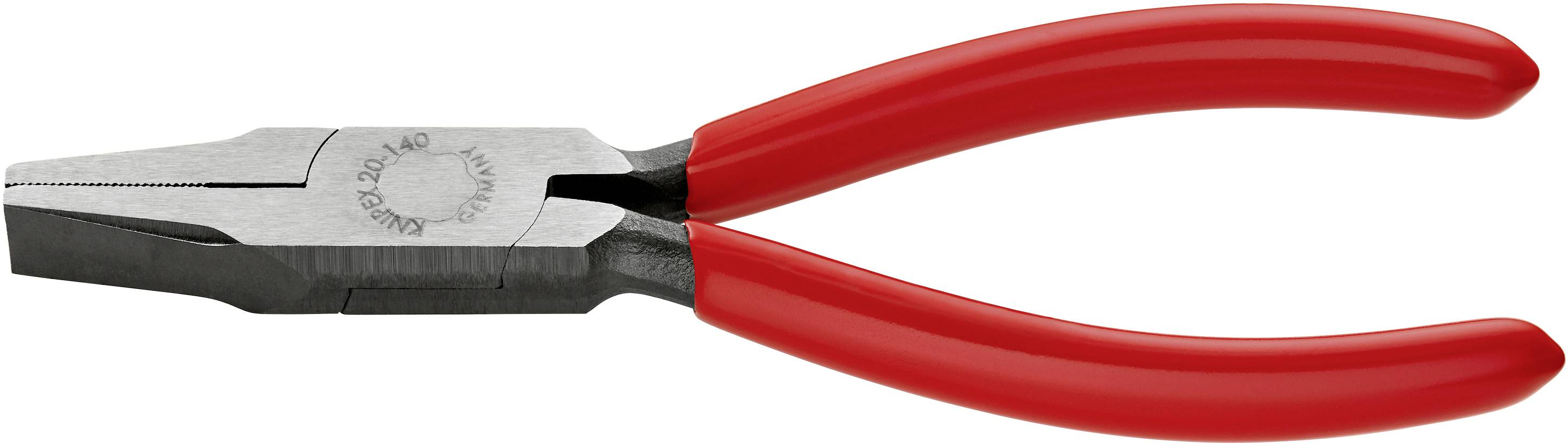 Eine Flachzange mit rotem Griff auf weißem Hintergrund.