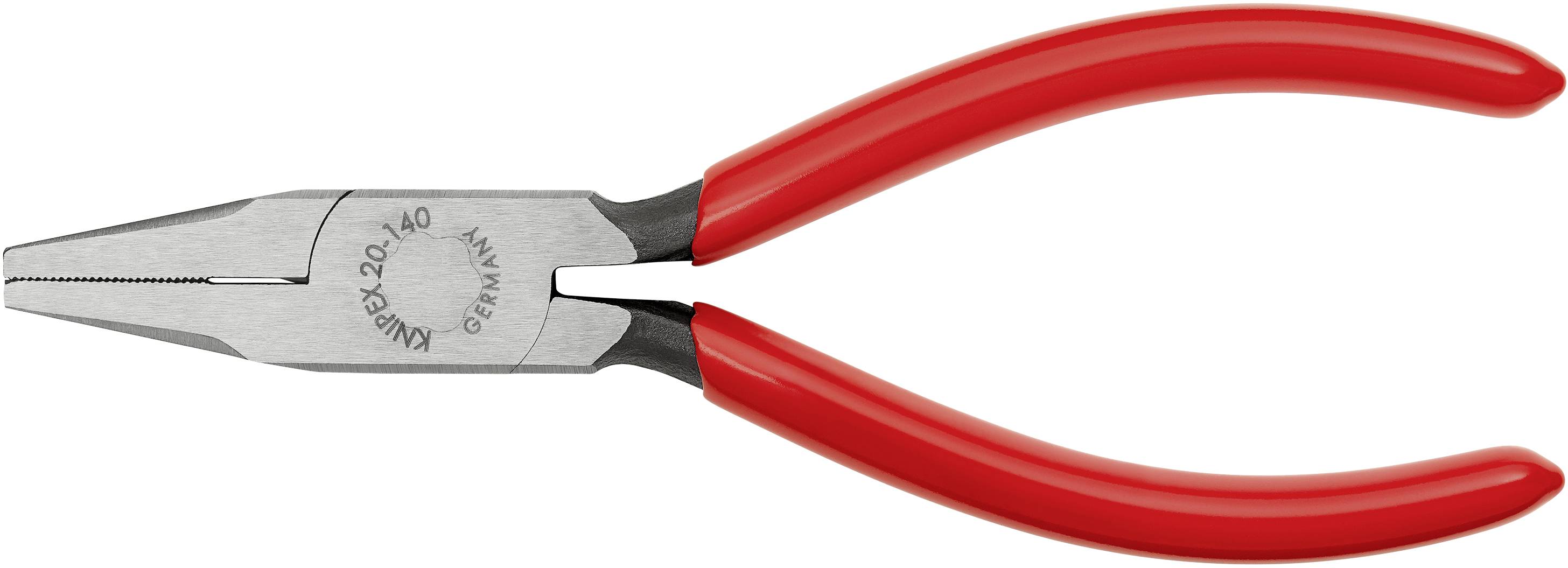 Zange mit roten Griffen, geschlossen. Eignet sich zum Greifen und Halten von Objekten. Markierung: 'KNIPPEX 20-40'.