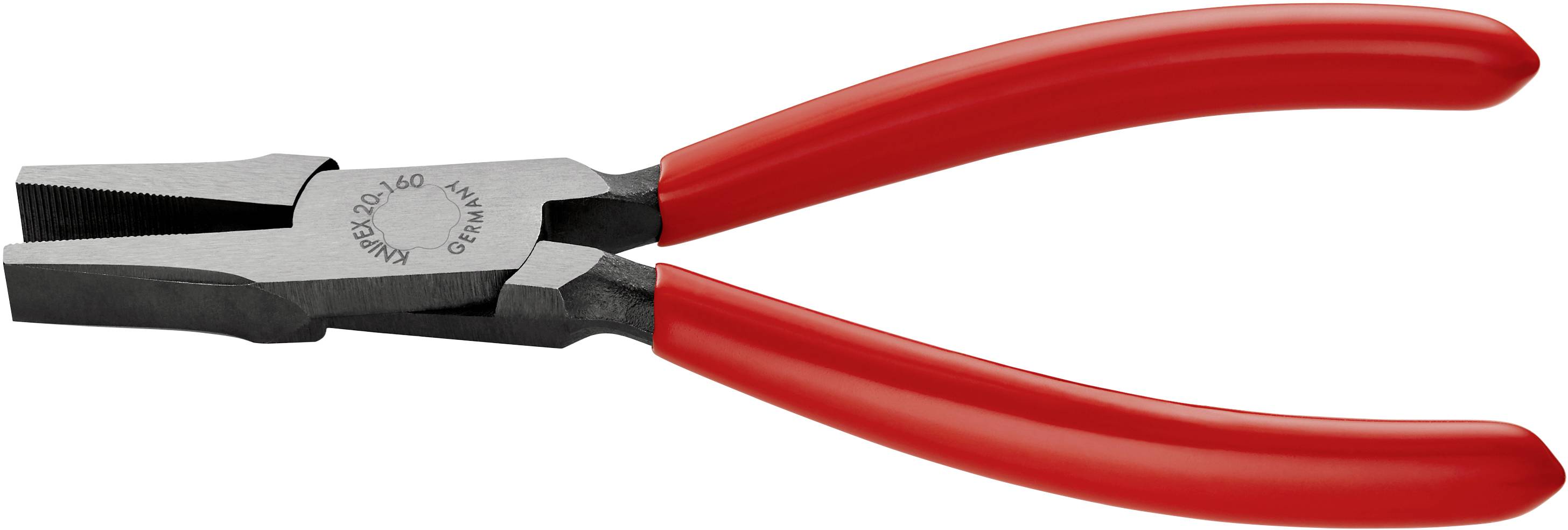 Rote Zange mit flachen Backen, verwendet für Greif- oder Schneidvorgänge in handwerklichen oder technischen Anwendungen.