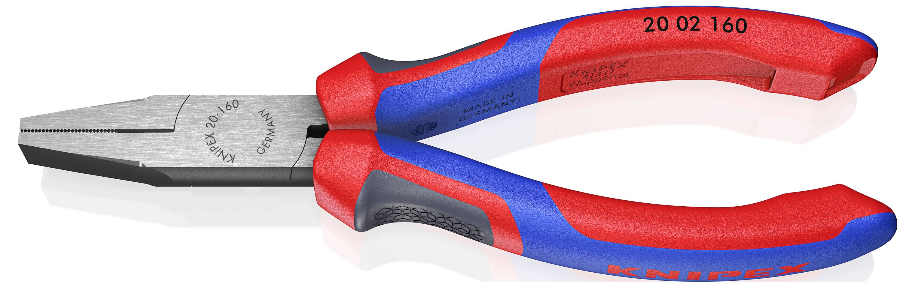 Eine Knipex-Zange mit rotem und blauem Griff und der Nummer '20 02 160' auf dem Schenkel.