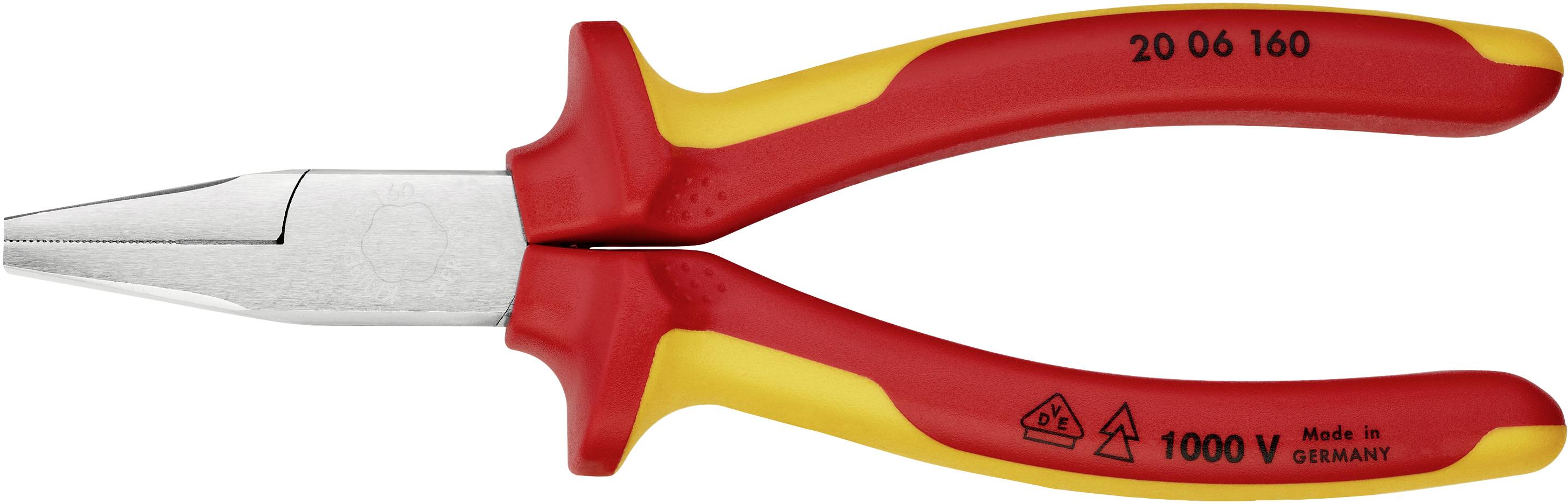 Eine rote und gelbe isolierte Kombizange, geeignet für Arbeiten bis 1000 V, mit der Aufschrift 'Made in Germany'.