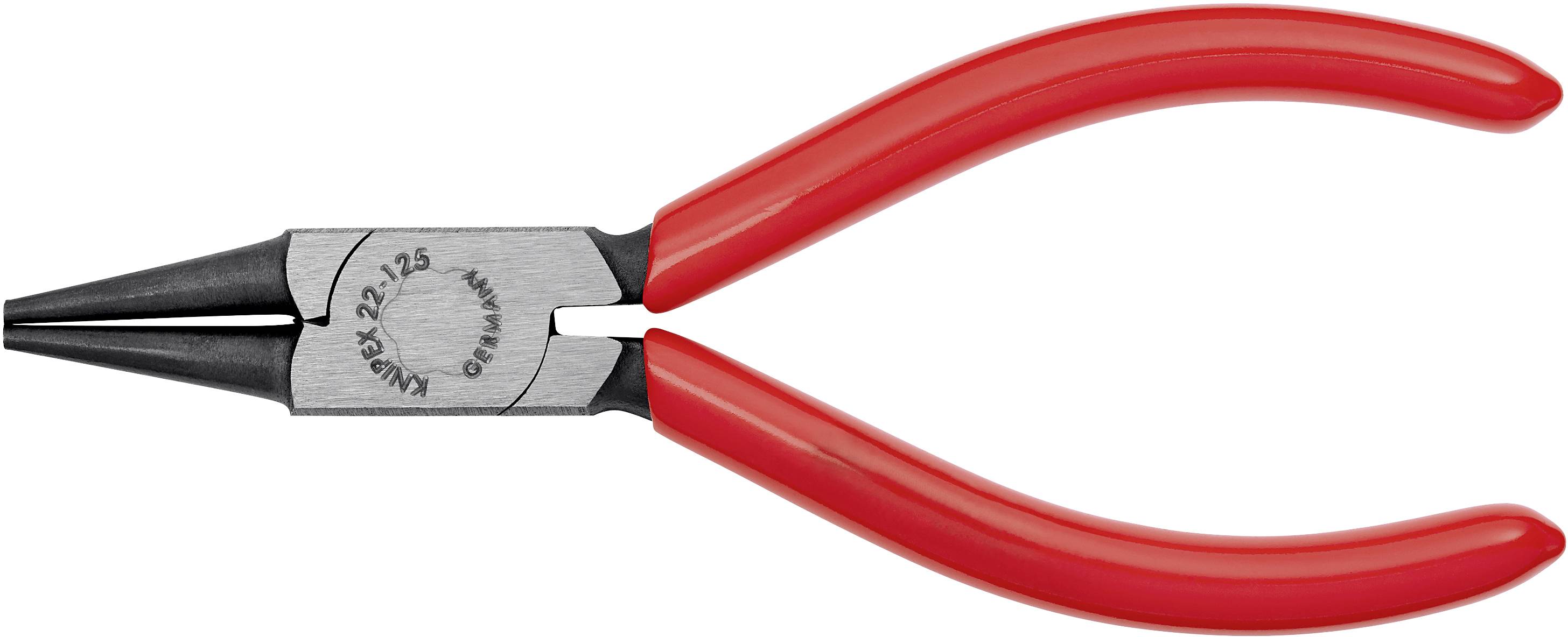 Eine rote Rundzange mit schwarzem Griff und Metallkopf, mit der Aufschrift '22/125'. Geeignet für Greif- und Biegearbeiten.