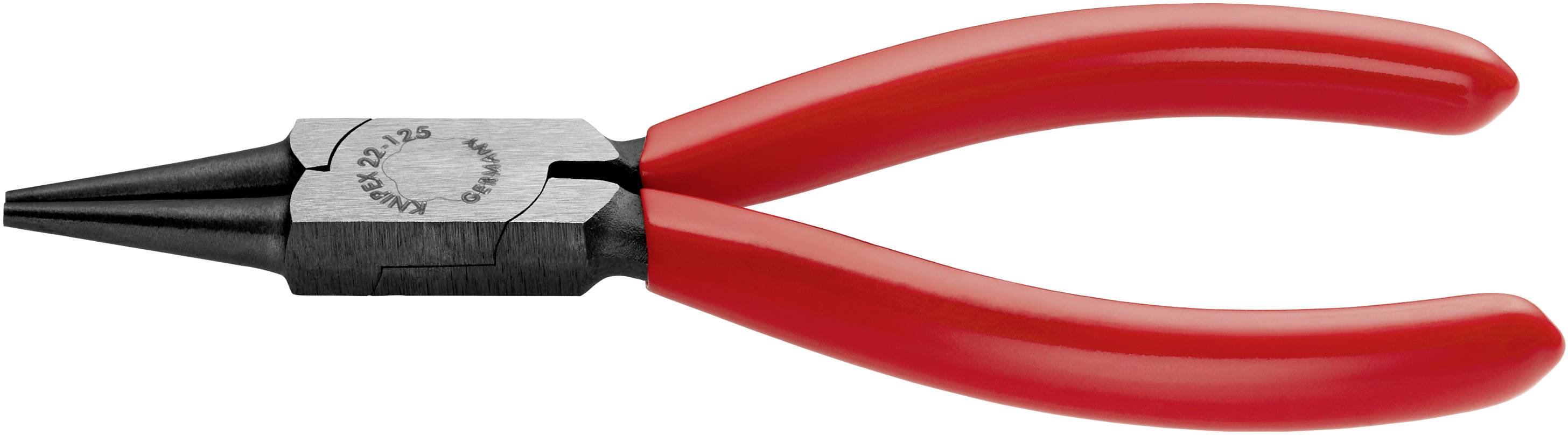 Rote Rundzange mit schwarzen Spitzen, verwendet zum Biegen von Draht oder Halten kleiner Gegenstände in der Schmuckherstellung.