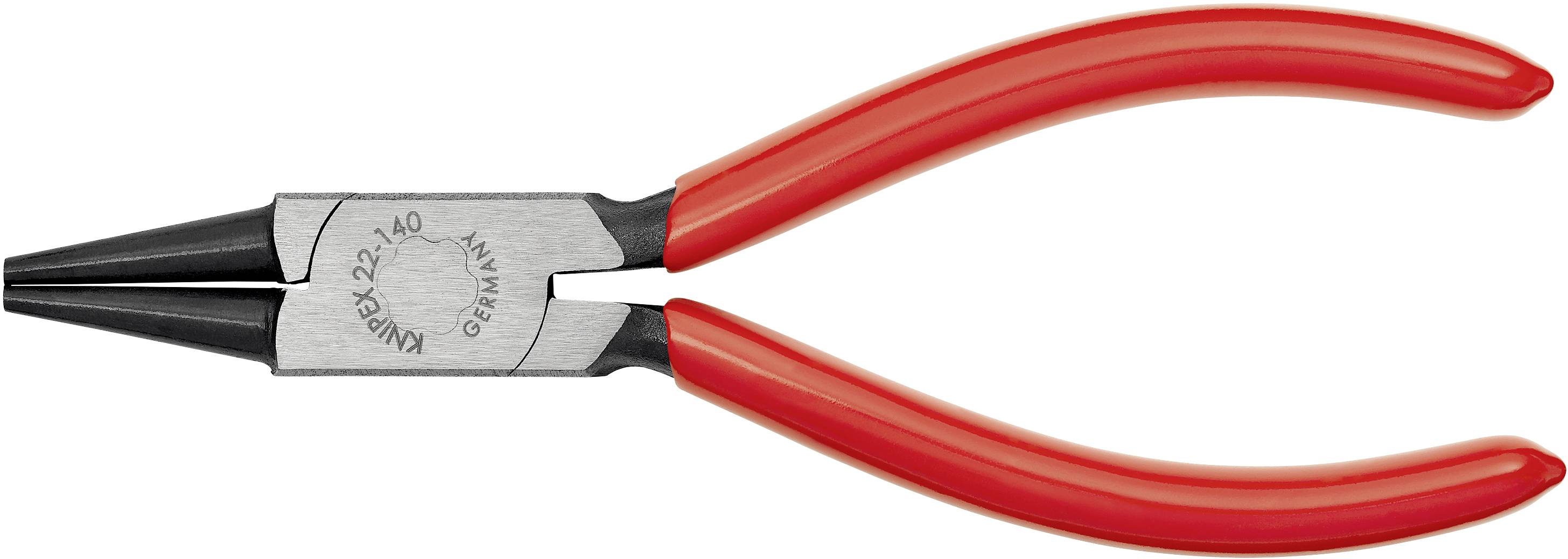 Eine rote Spitzzange mit schwarzem Metallkopf. Sie ist für präzise Arbeiten geeignet und zeigt die Aufschrift 'Knipex 22 140 Germany'.