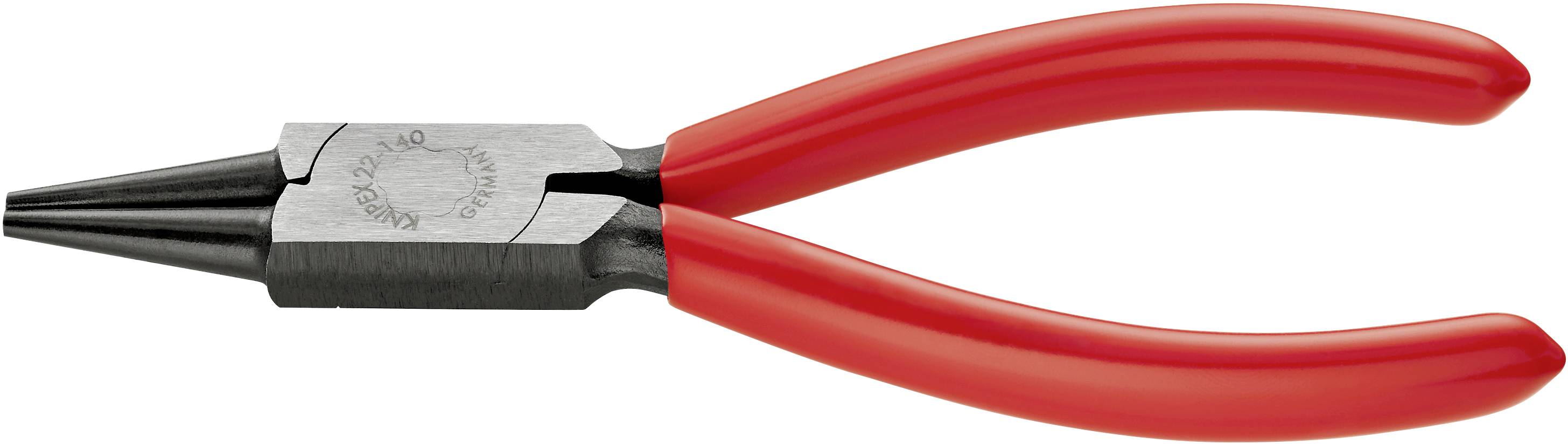 Runde Spitzzange mit roten Griffen, geeignet für feine elektronische Arbeiten und das Biegen von Drähten und kleinen Metallteilen.